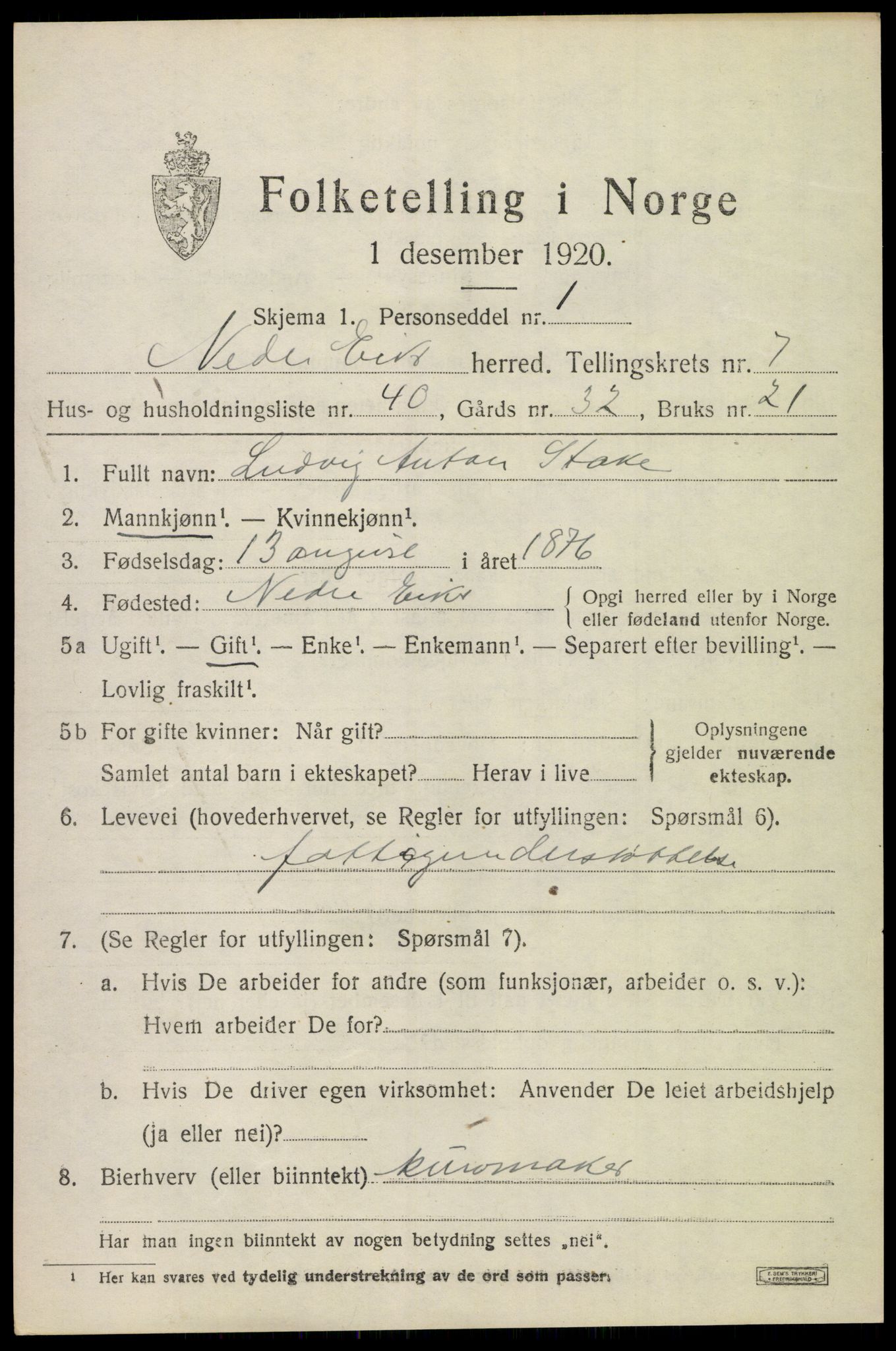 SAKO, 1920 census for Nedre Eiker, 1920, p. 8019