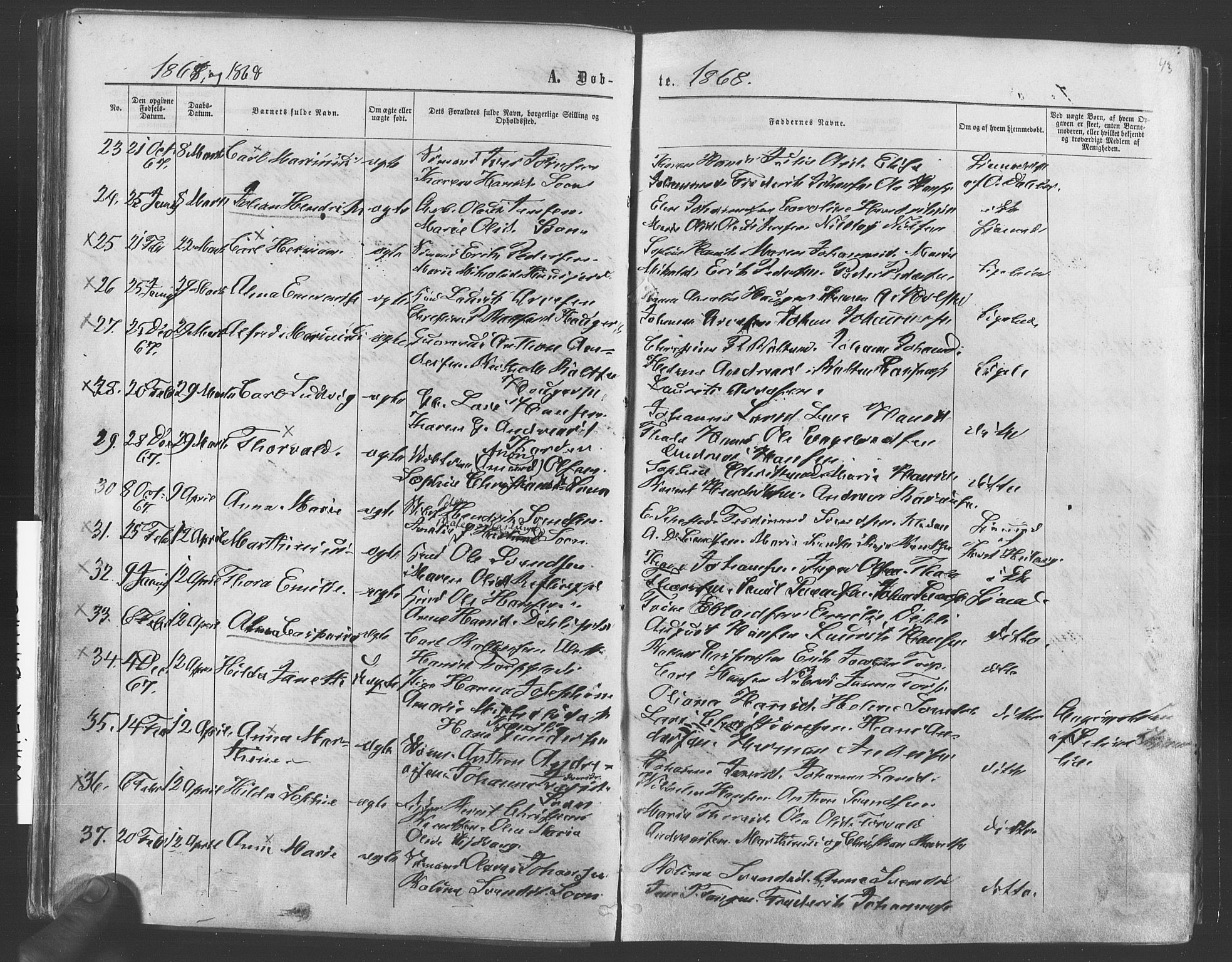 Vestby prestekontor Kirkebøker, AV/SAO-A-10893/F/Fa/L0008: Parish register (official) no. I 8, 1863-1877, p. 43