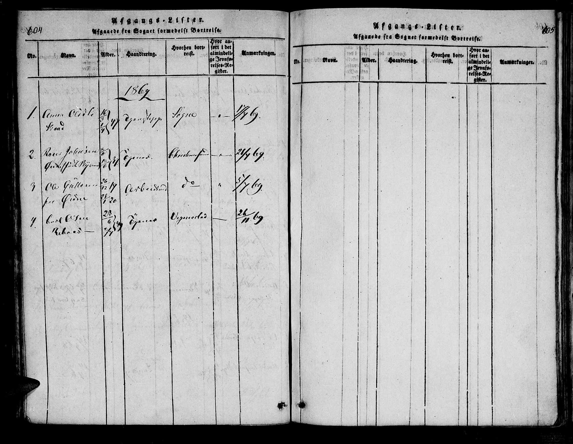 Bjelland sokneprestkontor, SAK/1111-0005/F/Fa/Fac/L0001: Parish register (official) no. A 1, 1815-1866, p. 604-605
