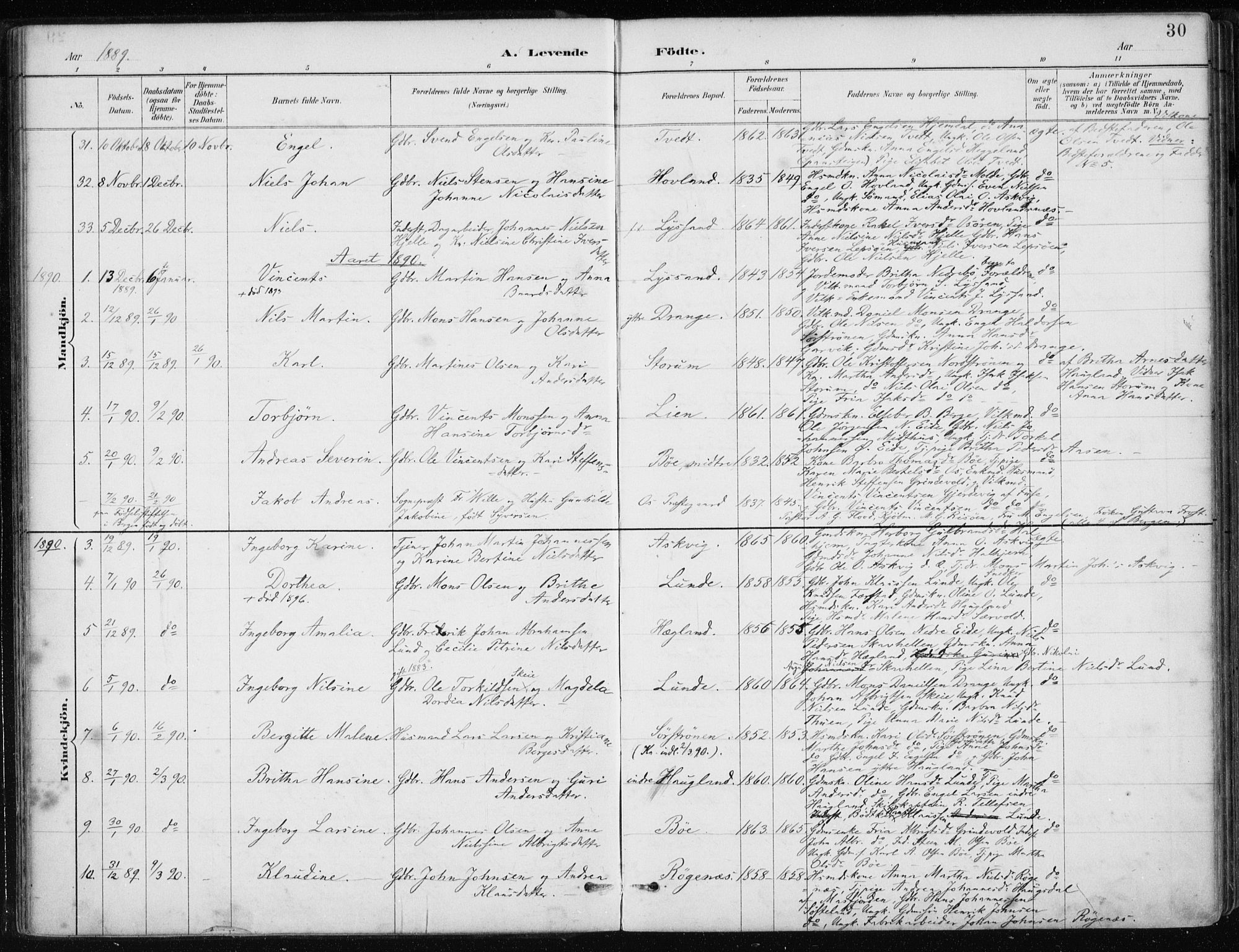 Os sokneprestembete, SAB/A-99929: Parish register (official) no. B 1, 1885-1902, p. 30