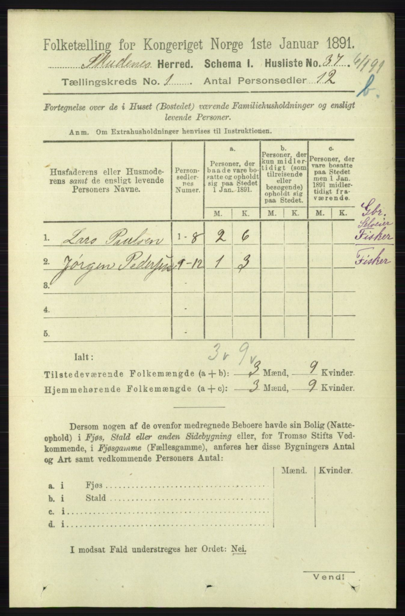 RA, 1891 census for 1150 Skudenes, 1891, p. 3382