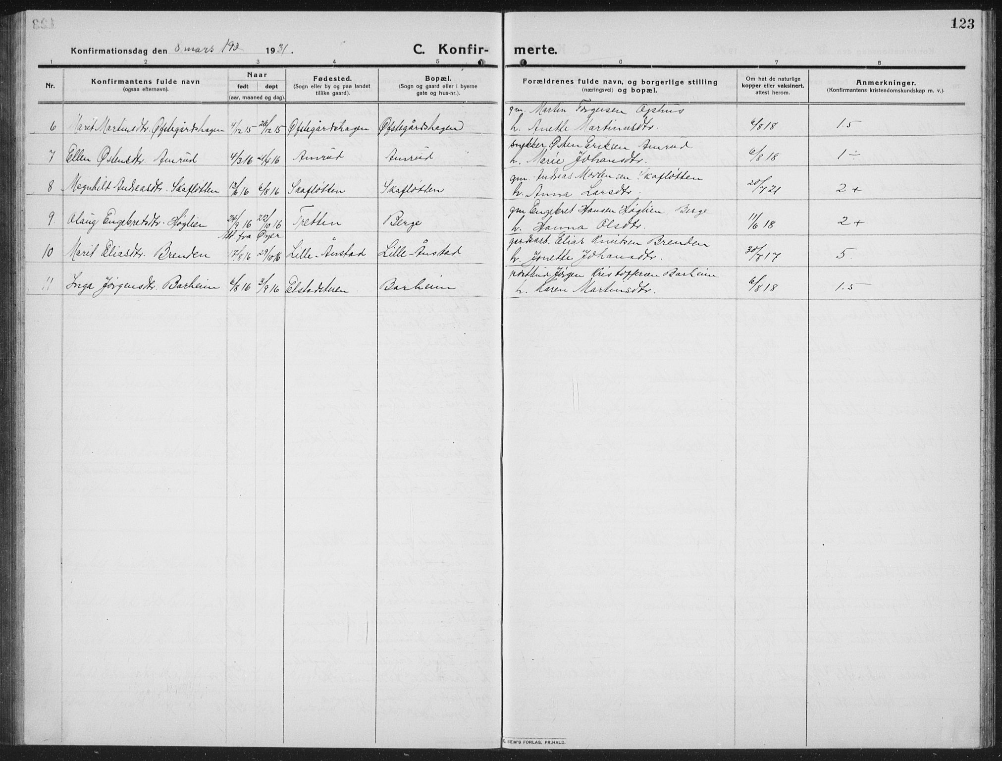 Ringebu prestekontor, AV/SAH-PREST-082/H/Ha/Hab/L0010: Parish register (copy) no. 10, 1911-1934, p. 123