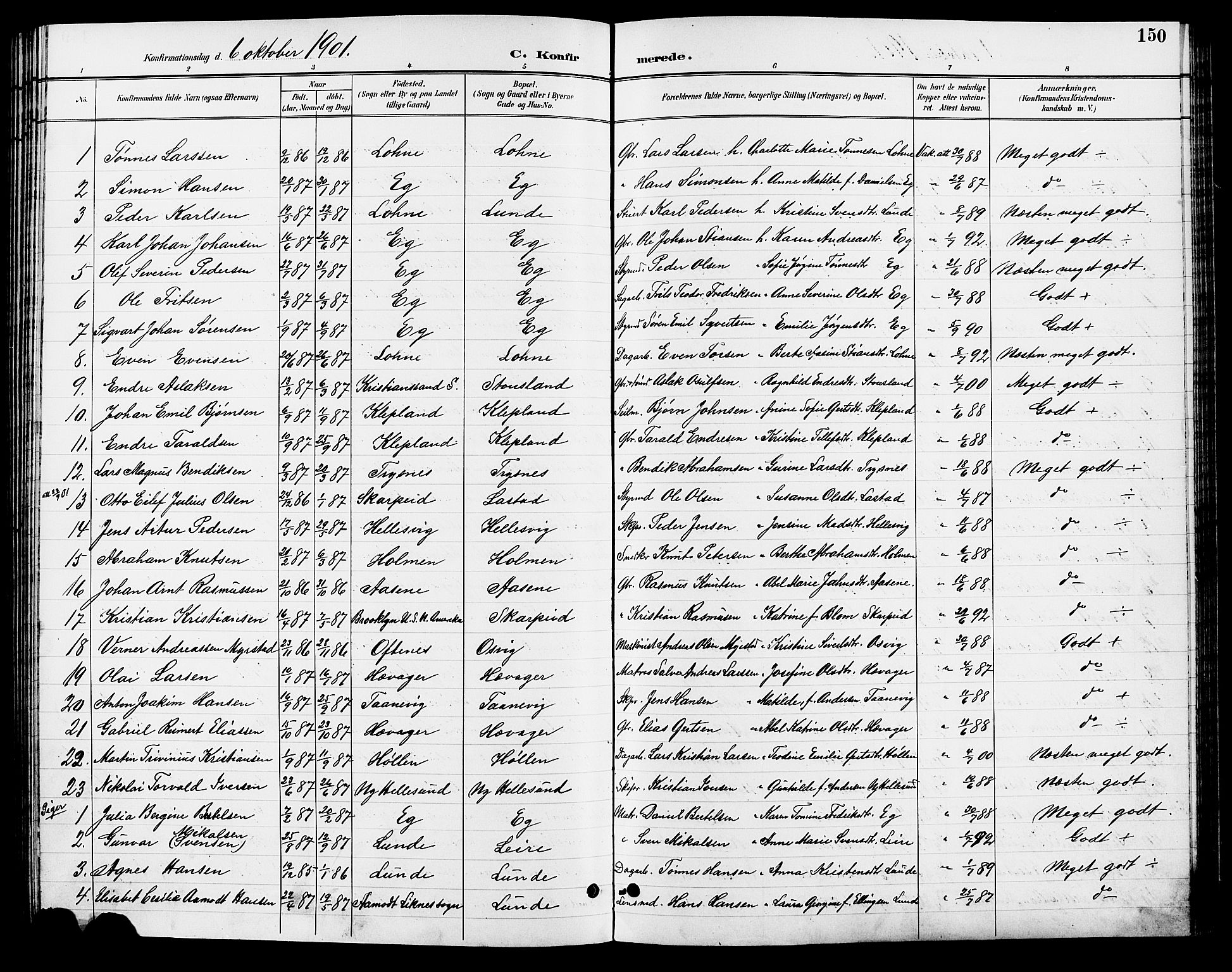 Søgne sokneprestkontor, SAK/1111-0037/F/Fb/Fbb/L0006: Parish register (copy) no. B 6, 1892-1911, p. 150