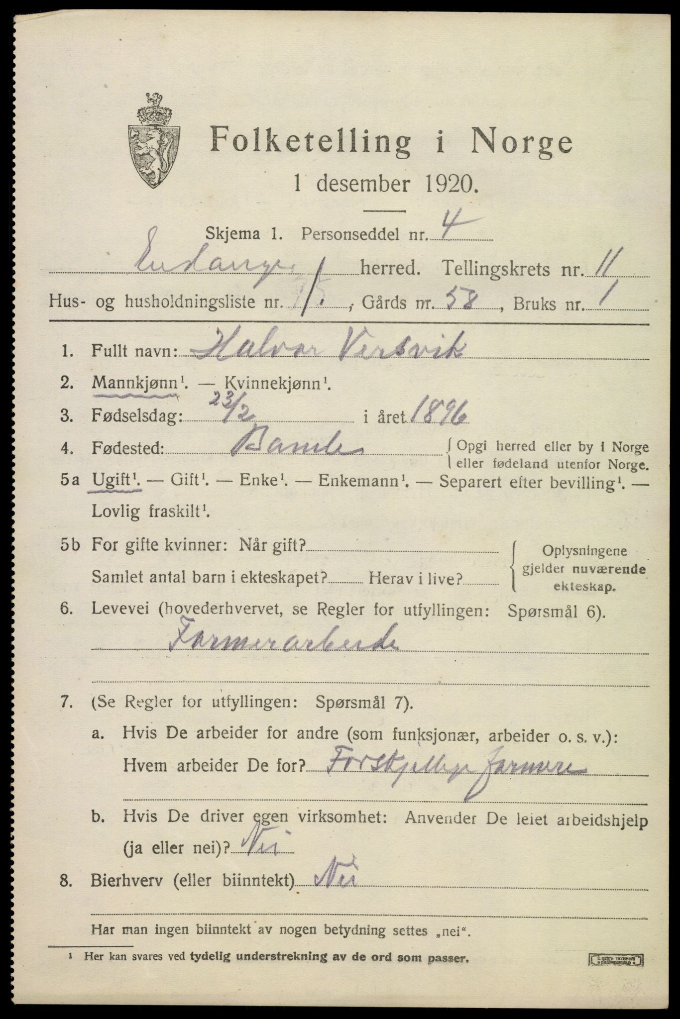 SAKO, 1920 census for Eidanger, 1920, p. 6676