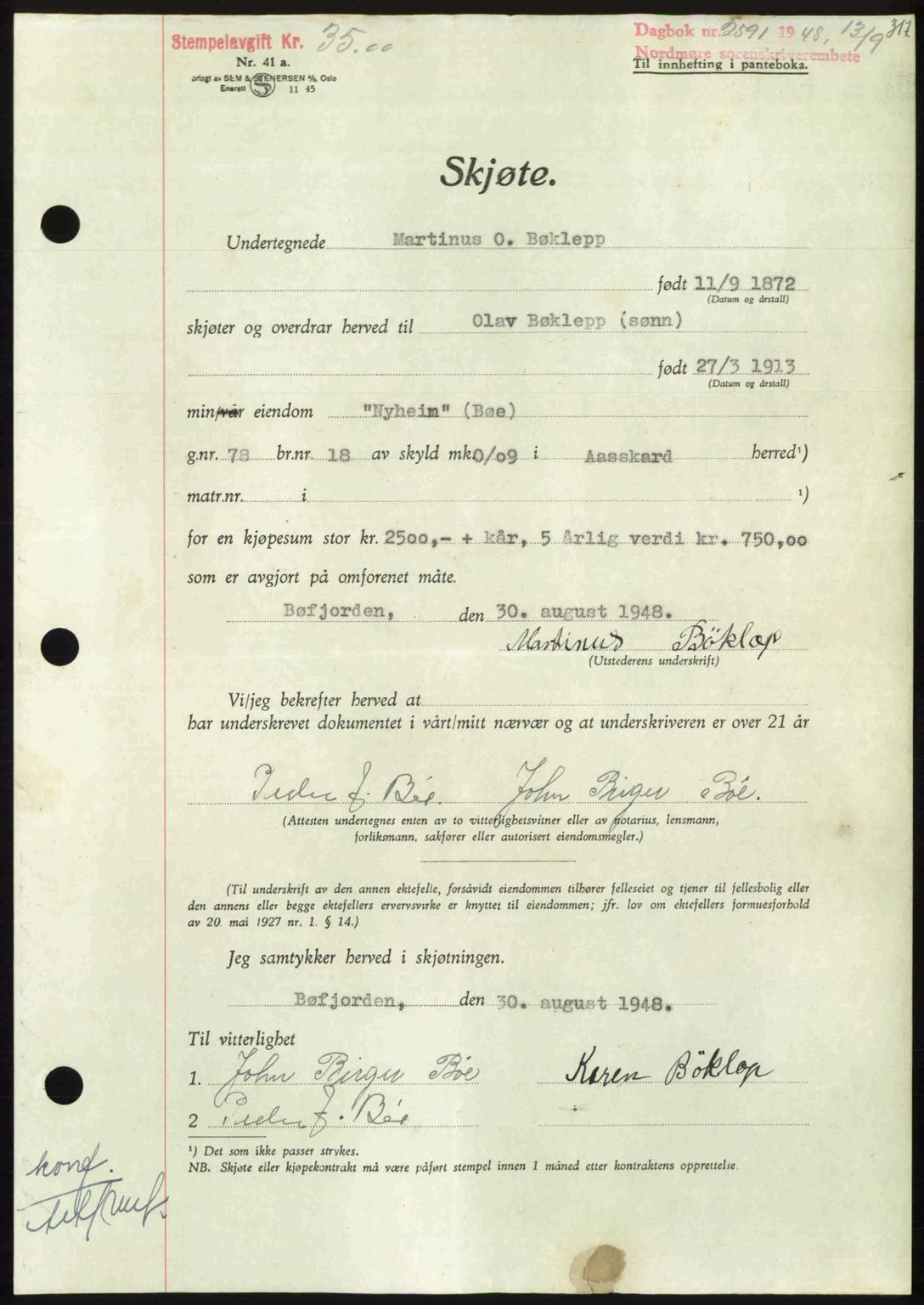 Nordmøre sorenskriveri, AV/SAT-A-4132/1/2/2Ca: Mortgage book no. A109, 1948-1948, Diary no: : 2591/1948