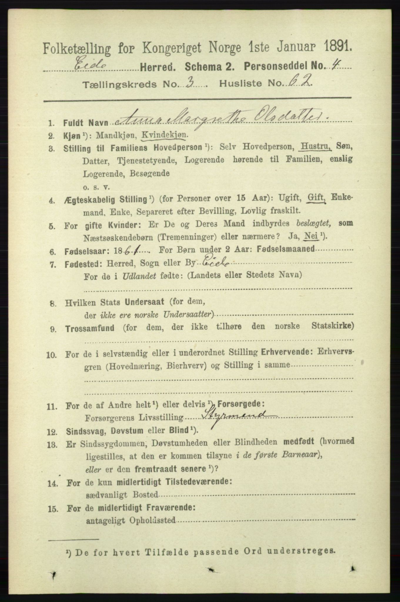 RA, 1891 census for 0925 Eide, 1891, p. 1030