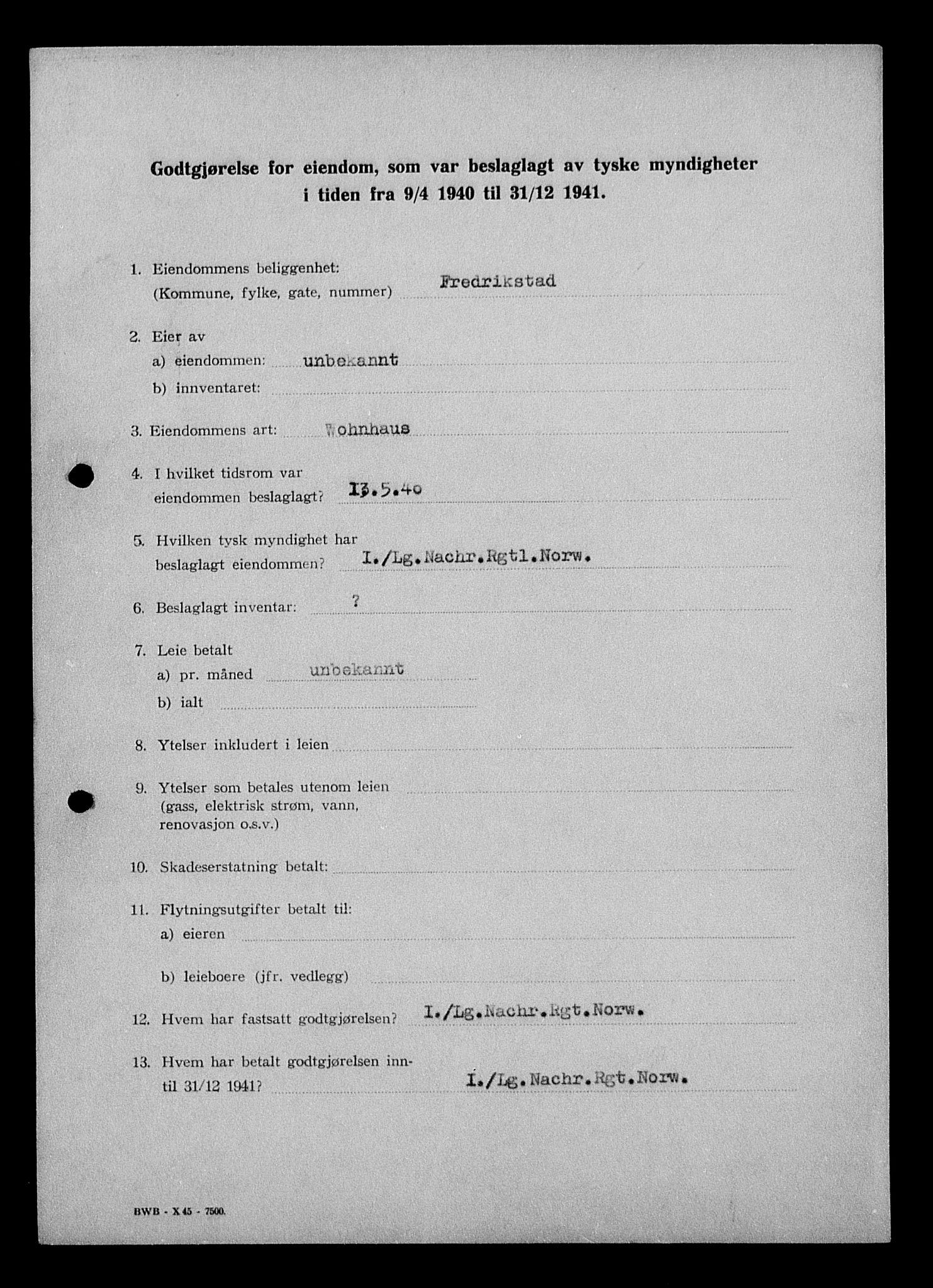 Justisdepartementet, Tilbakeføringskontoret for inndratte formuer, AV/RA-S-1564/I/L1010: Godtgjørelse for beslaglagt eiendom, 1940-1941, p. 8