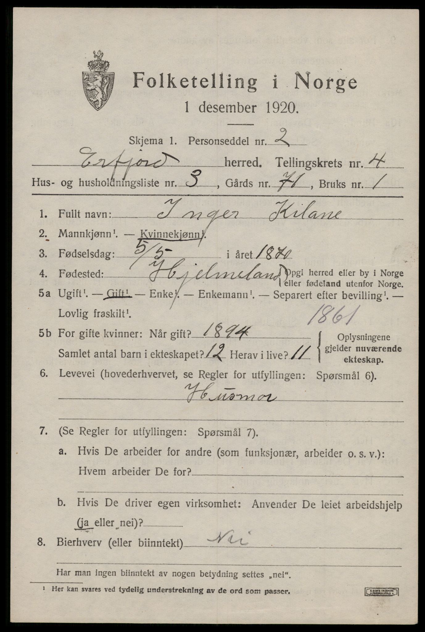 SAST, 1920 census for Erfjord, 1920, p. 1285