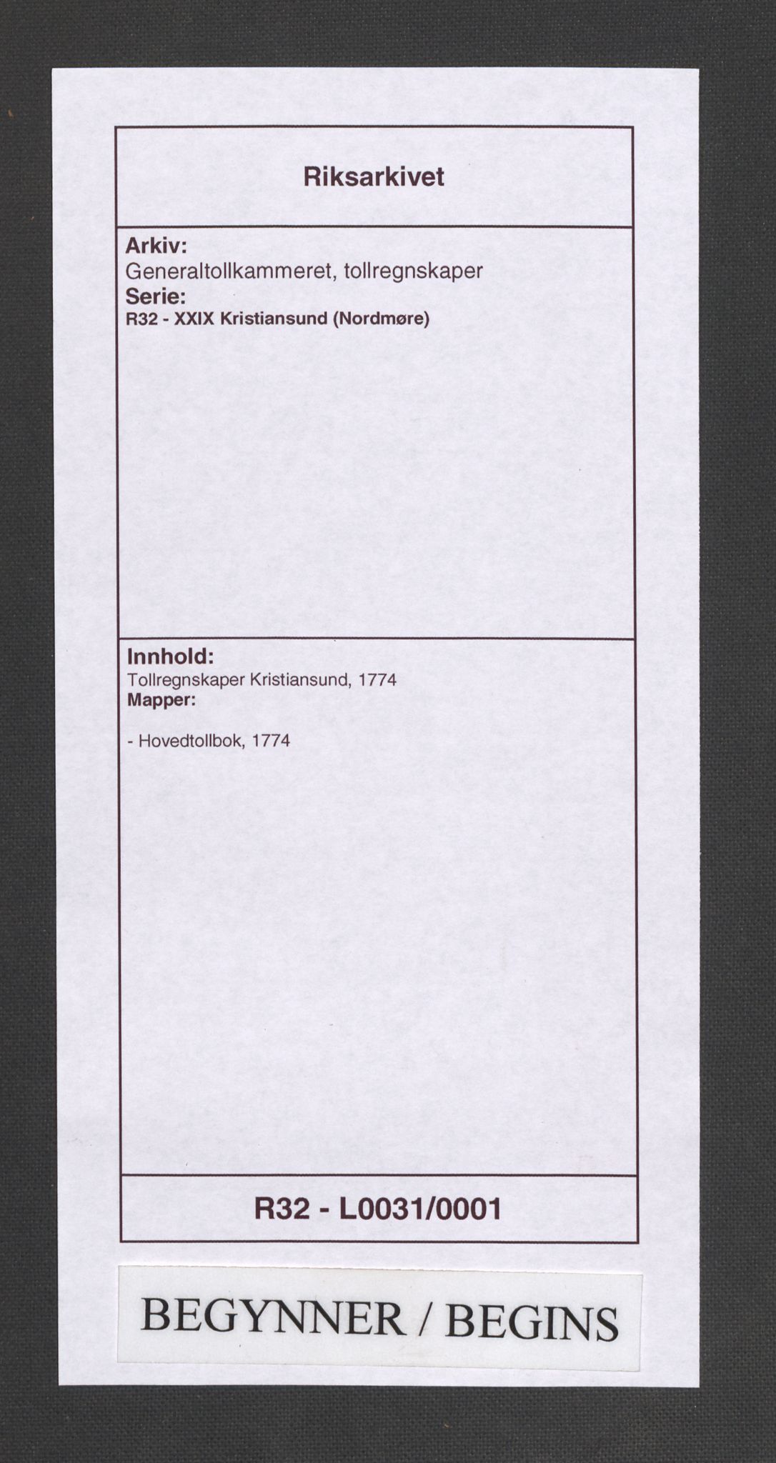 Generaltollkammeret, tollregnskaper, AV/RA-EA-5490/R32/L0031/0001: Tollregnskaper Kristiansund / Hovedtollbok, 1774