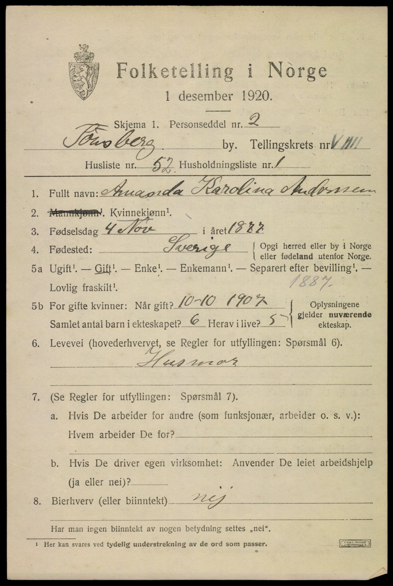 SAKO, 1920 census for Tønsberg, 1920, p. 18183