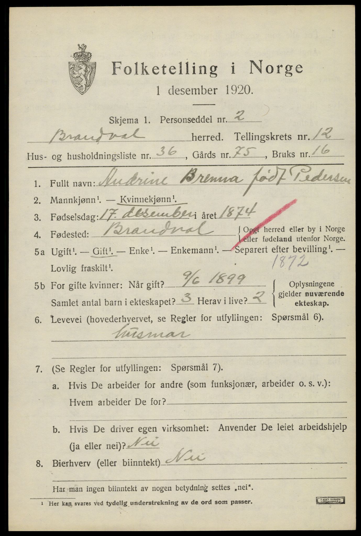 SAH, 1920 census for Brandval, 1920, p. 8852