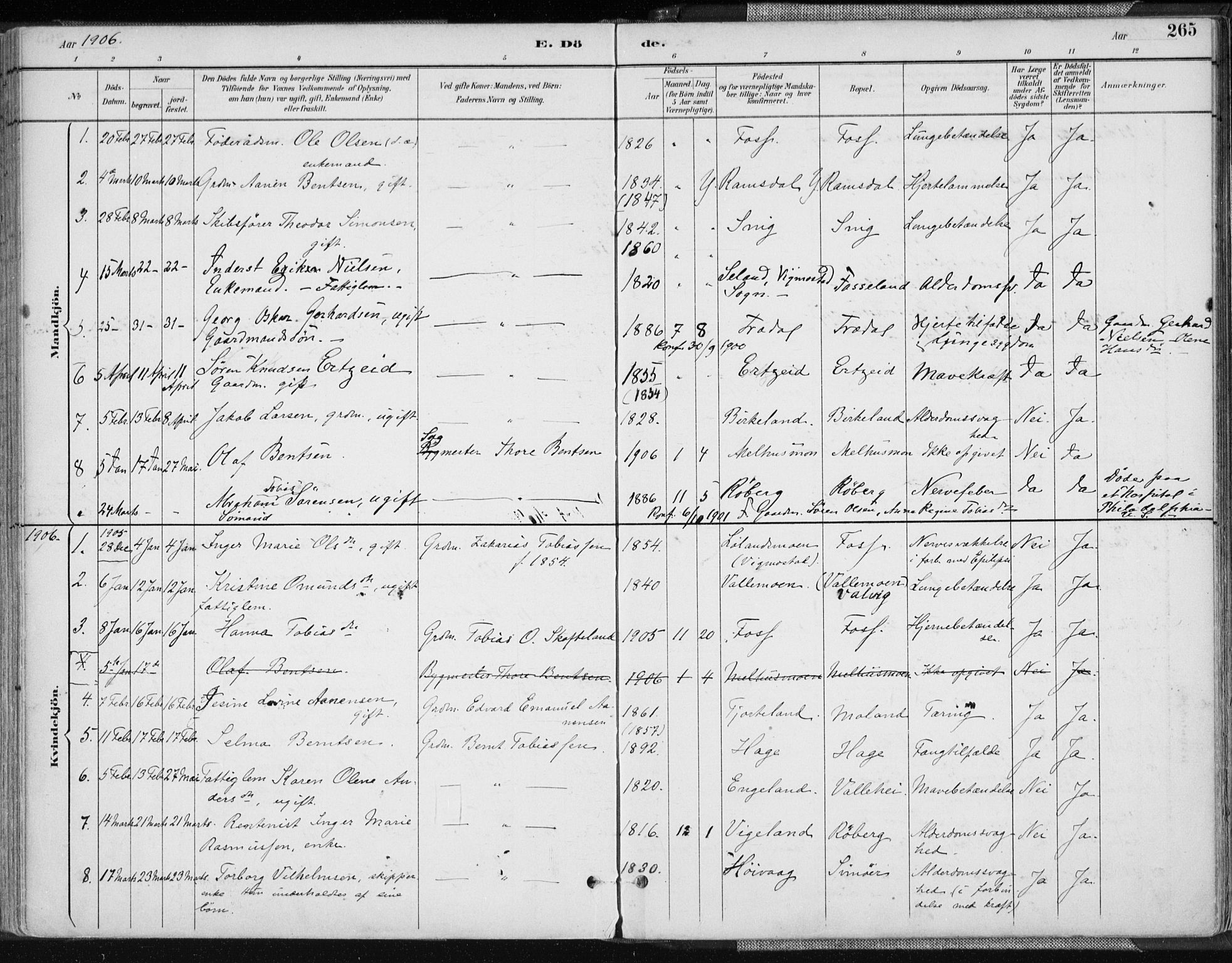 Sør-Audnedal sokneprestkontor, AV/SAK-1111-0039/F/Fa/Fab/L0010: Parish register (official) no. A 10, 1892-1913, p. 265