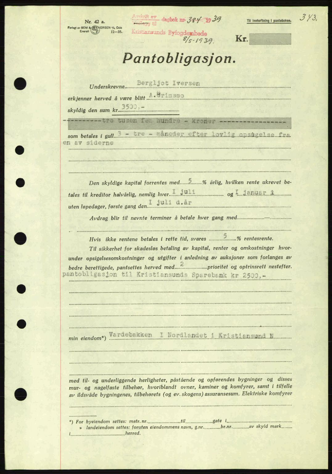 Kristiansund byfogd, SAT/A-4587/A/27: Mortgage book no. 31, 1938-1939, Diary no: : 384/1939