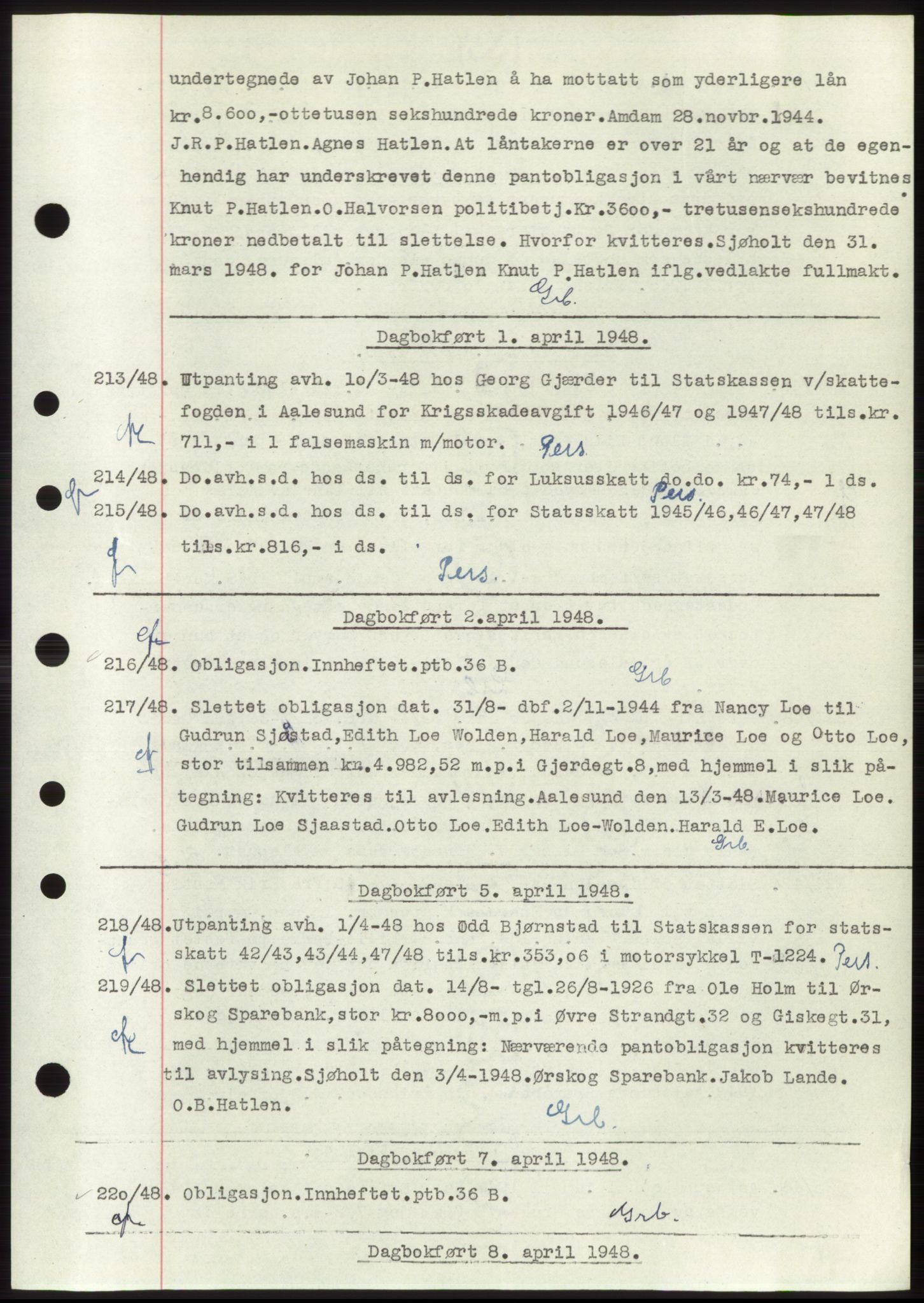 Ålesund byfogd, AV/SAT-A-4384: Mortgage book no. C34-35, 1946-1950, Diary no: : 213/1948