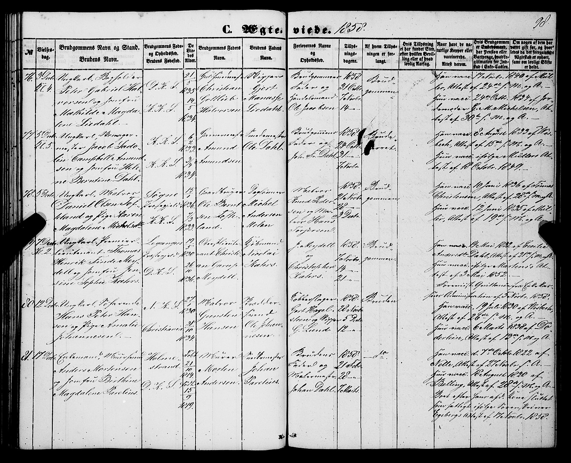 Korskirken sokneprestembete, AV/SAB-A-76101/H/Haa/L0035: Parish register (official) no. D 2, 1852-1867, p. 98