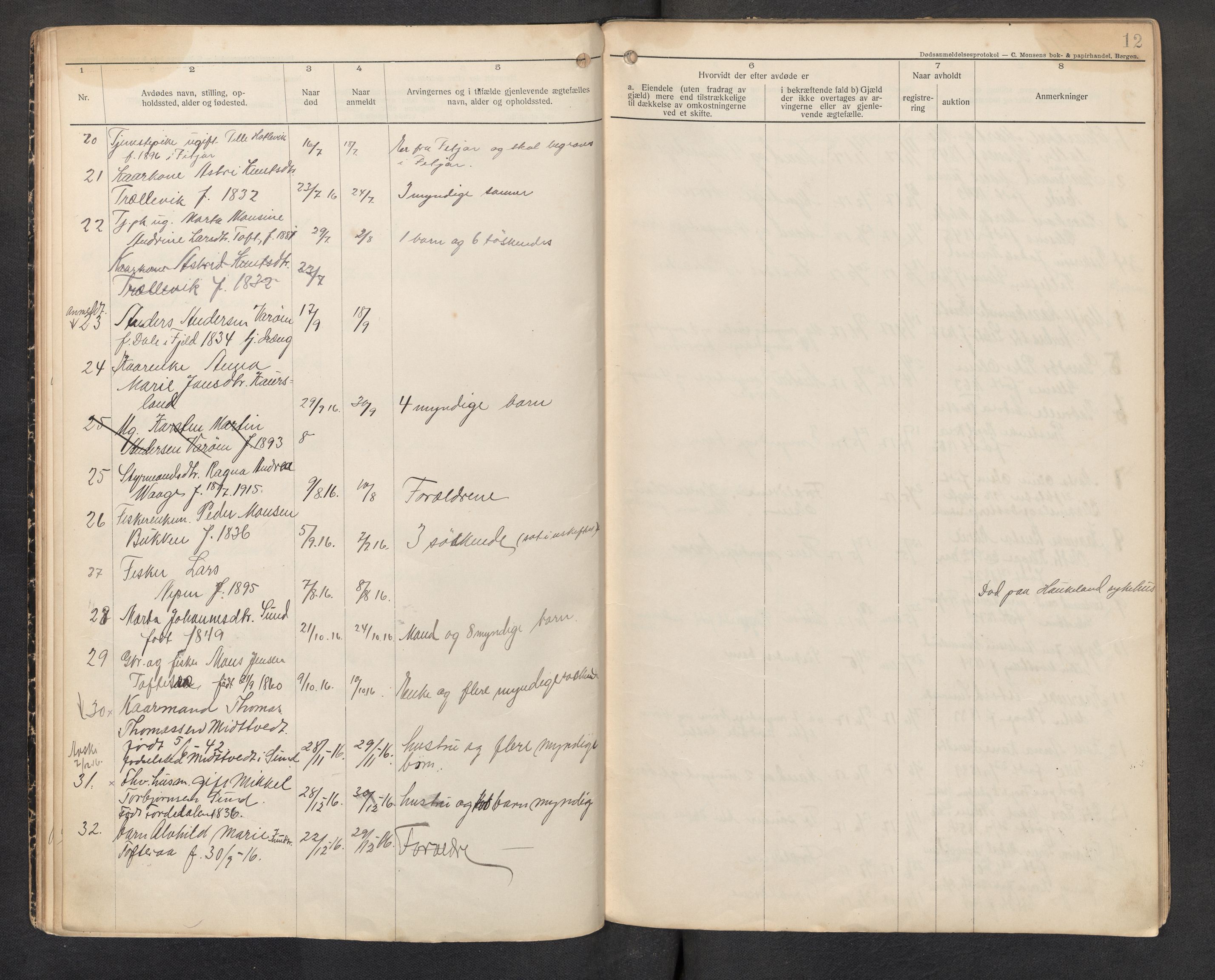 Lensmannen i Sund og Austevoll, AV/SAB-A-35201/0006/L0002: Dødsfallprotokoll - Sund, 1912-1926, p. 11b-12a