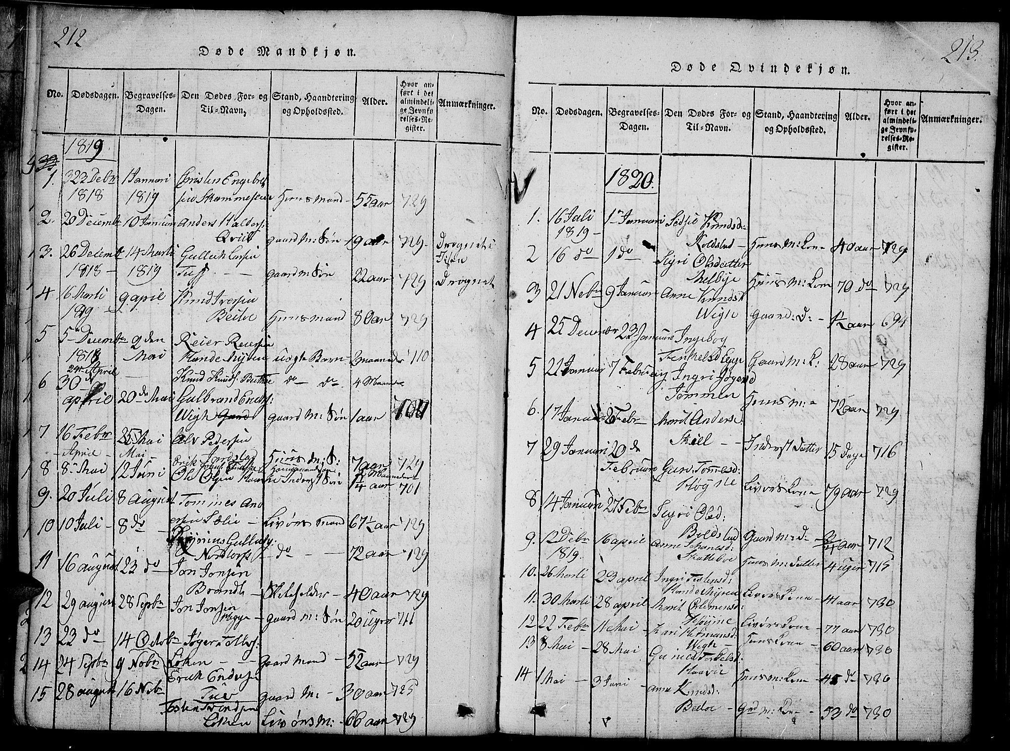 Slidre prestekontor, AV/SAH-PREST-134/H/Ha/Haa/L0002: Parish register (official) no. 2, 1814-1830, p. 212-213