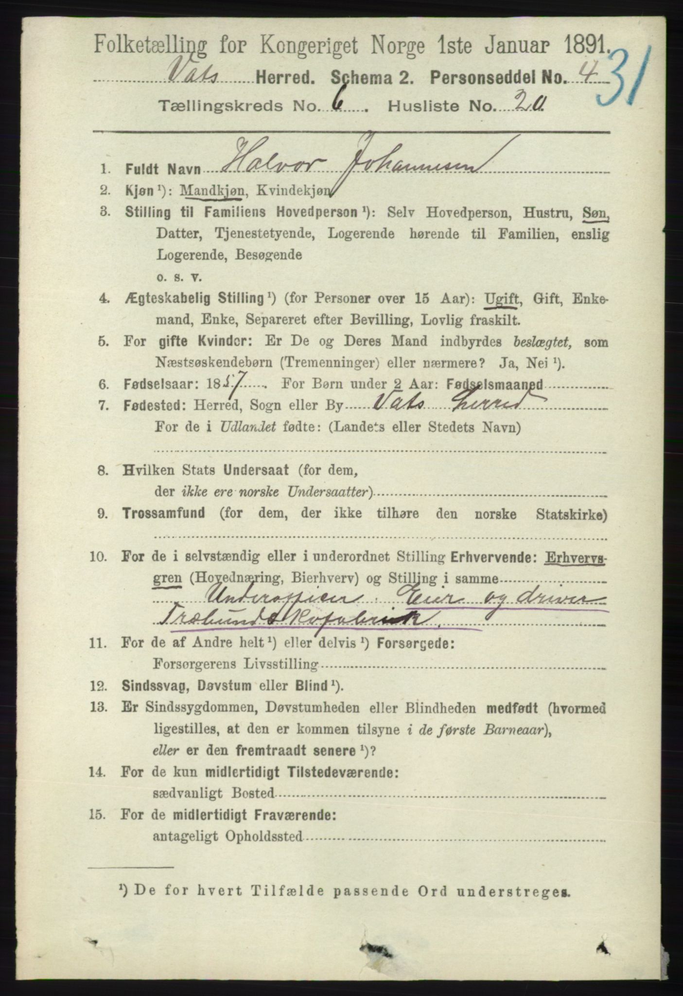 RA, 1891 census for 1155 Vats, 1891, p. 1057