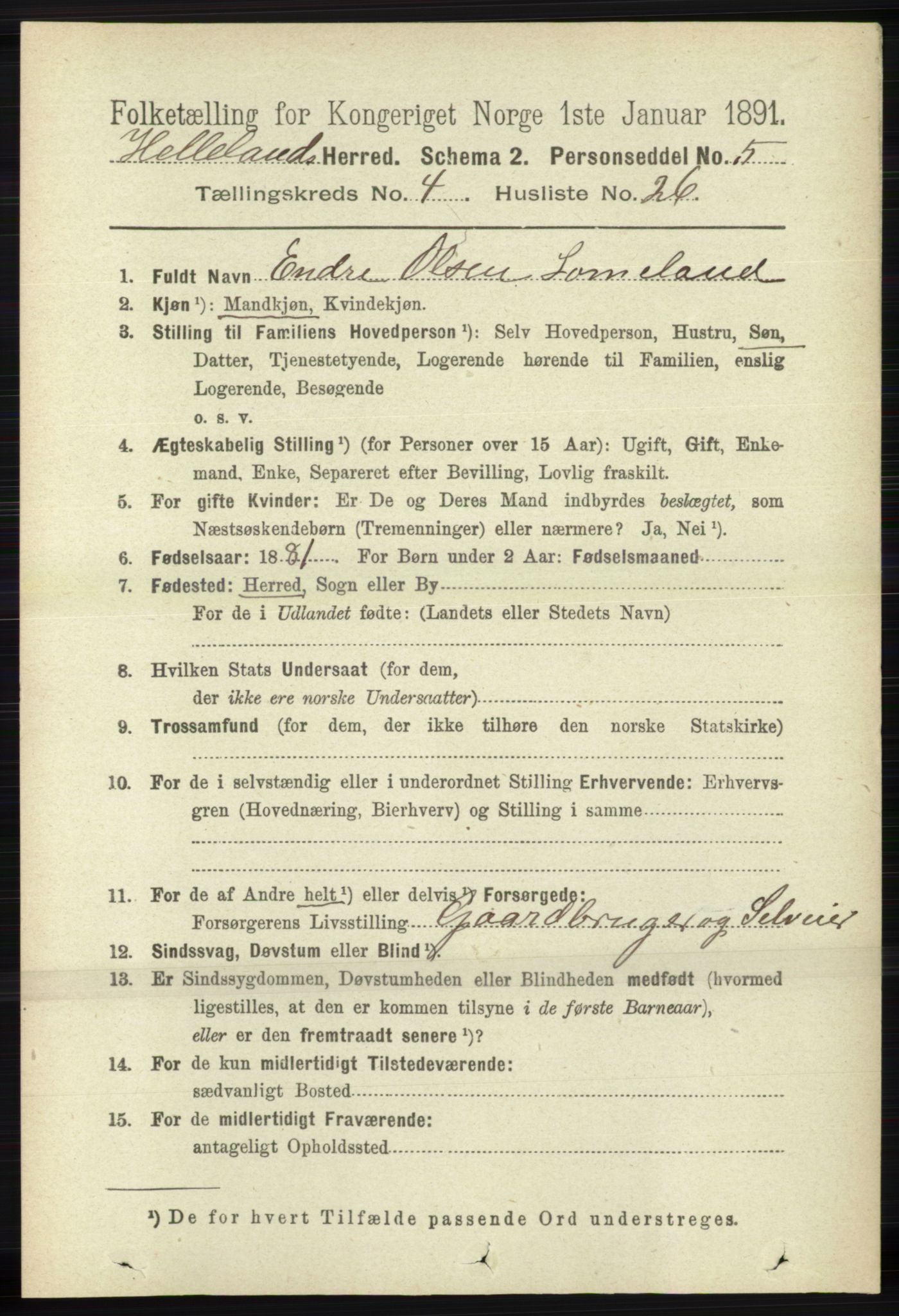 RA, 1891 census for 1115 Helleland, 1891, p. 1320