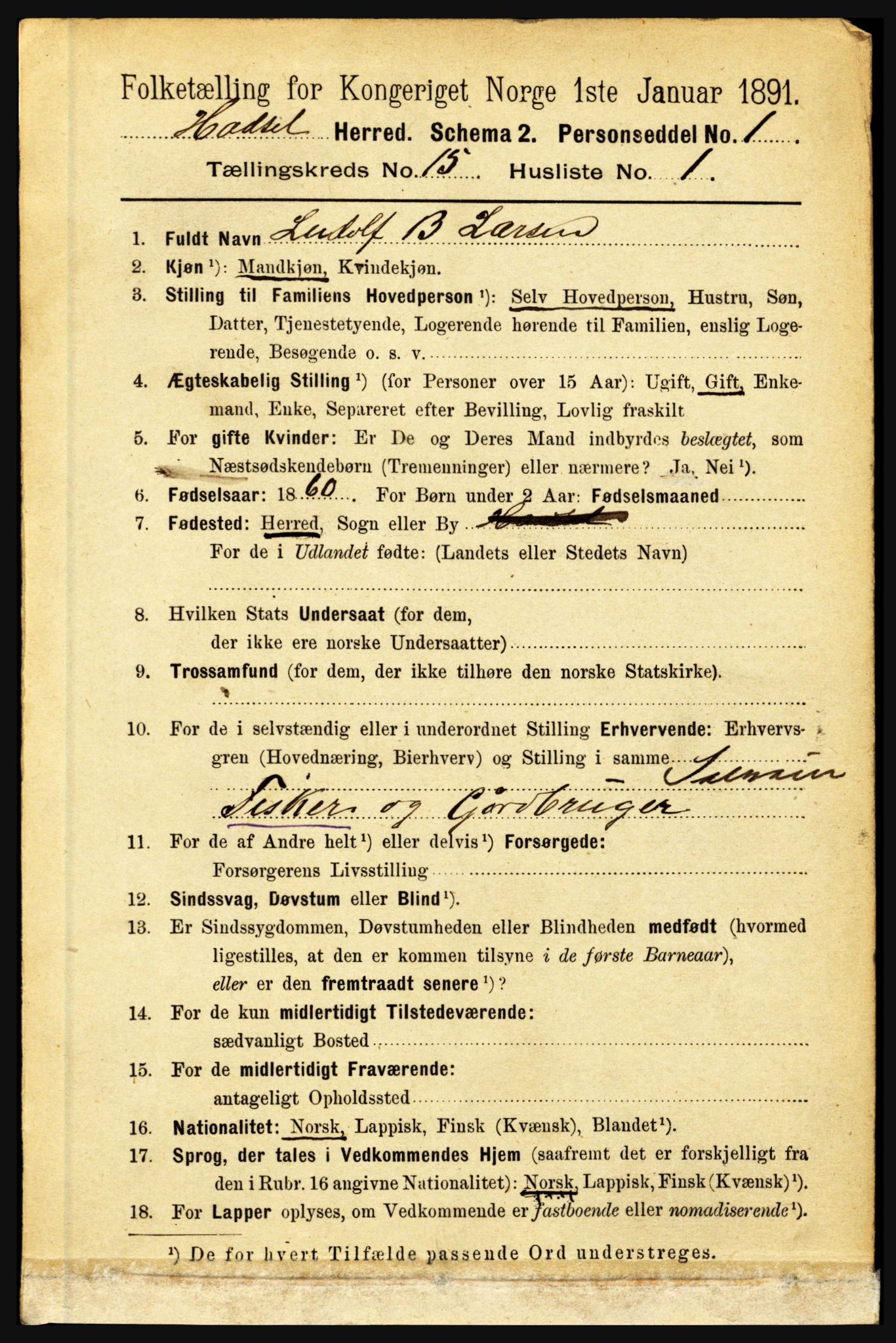 RA, 1891 census for 1866 Hadsel, 1891, p. 6820