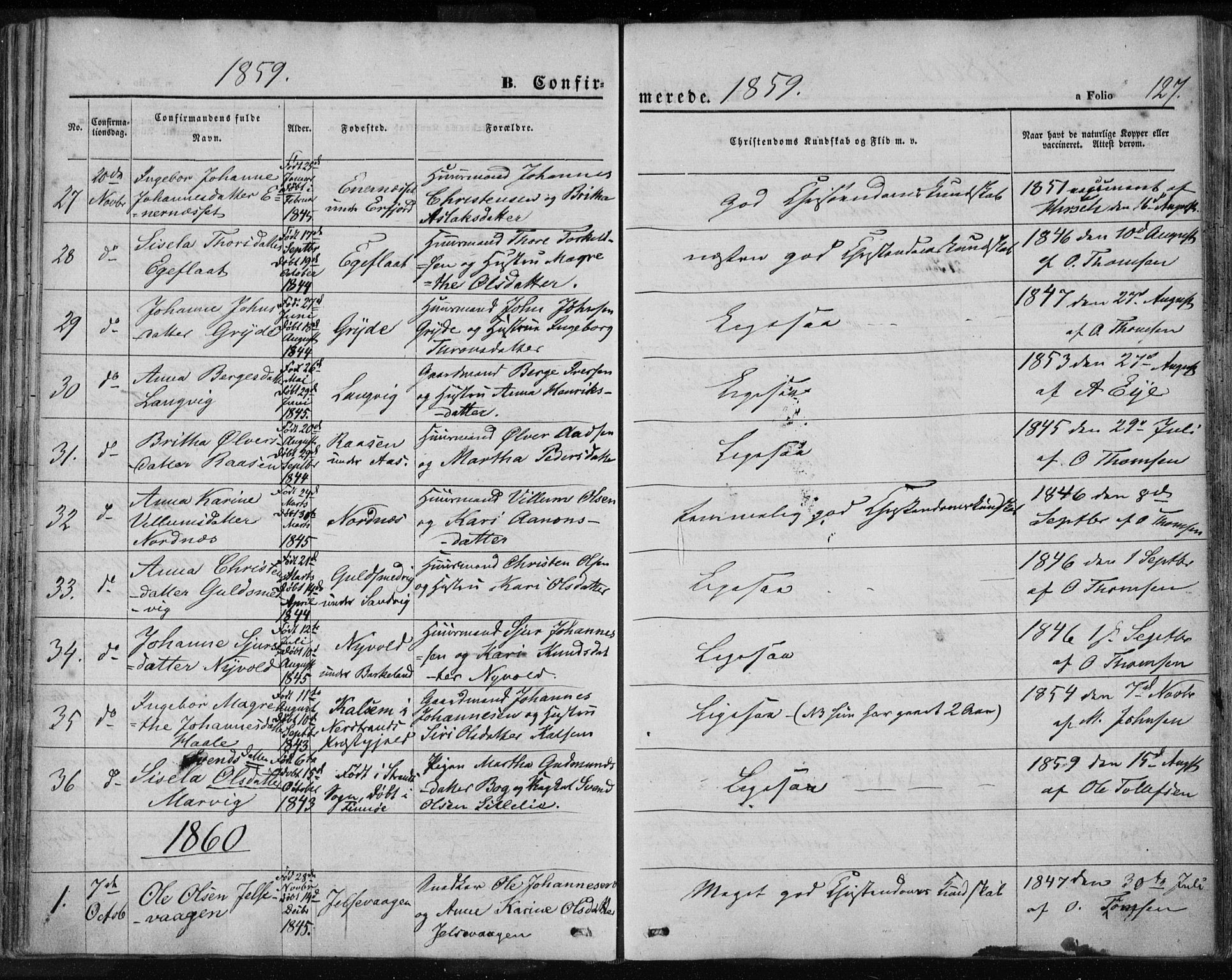 Jelsa sokneprestkontor, SAST/A-101842/01/IV: Parish register (official) no. A 7, 1854-1866, p. 127