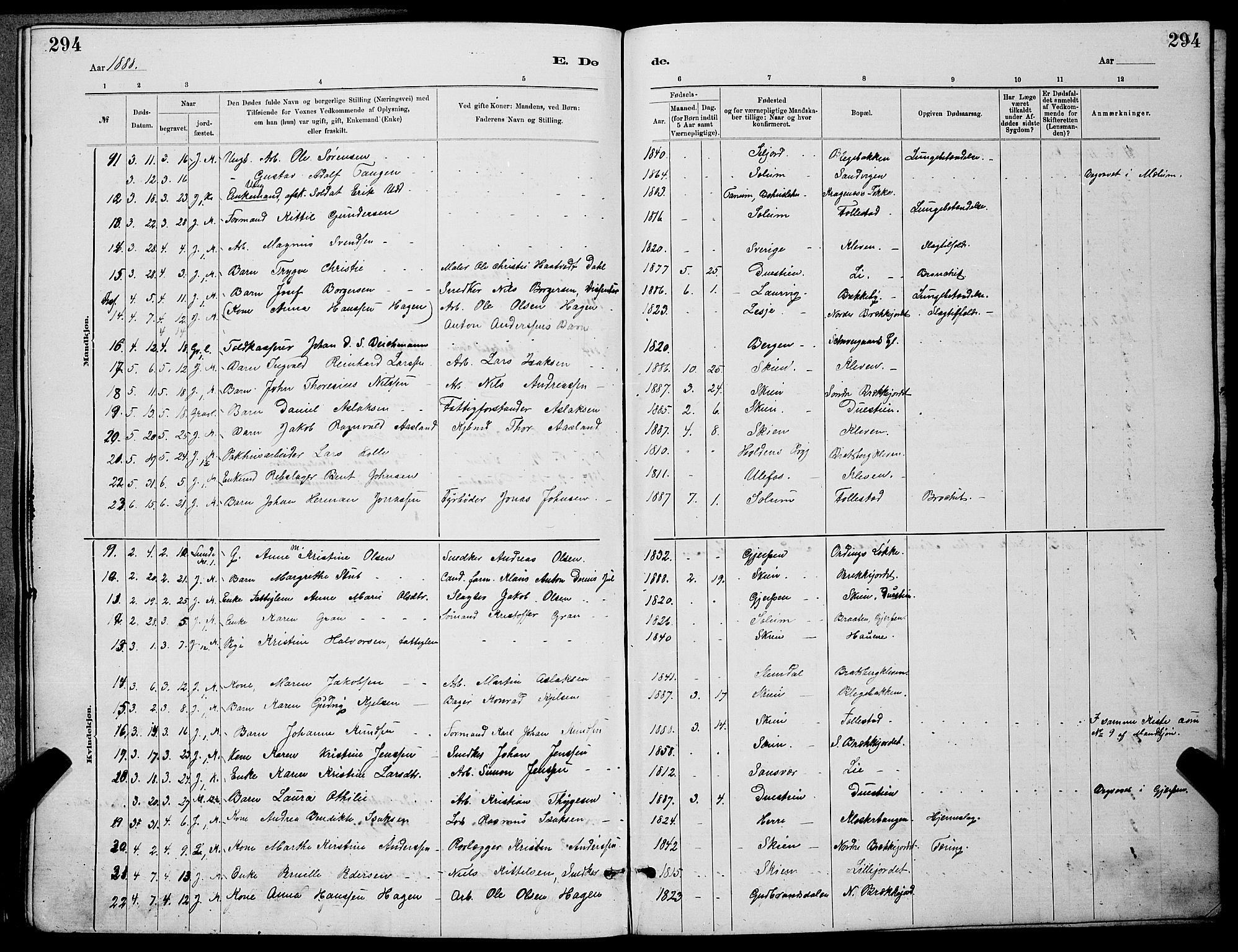 Skien kirkebøker, AV/SAKO-A-302/G/Ga/L0006: Parish register (copy) no. 6, 1881-1890, p. 294