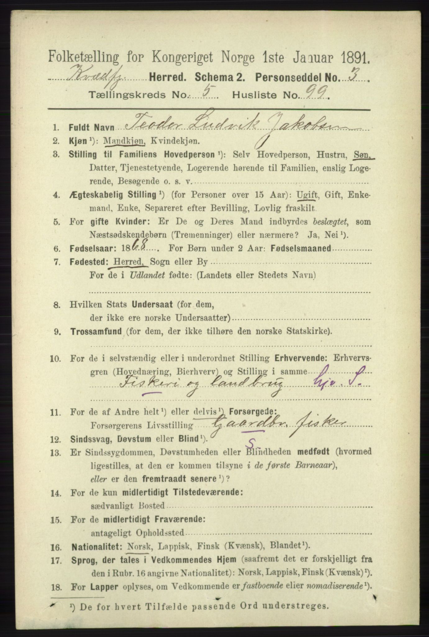 RA, 1891 census for 1911 Kvæfjord, 1891, p. 3465