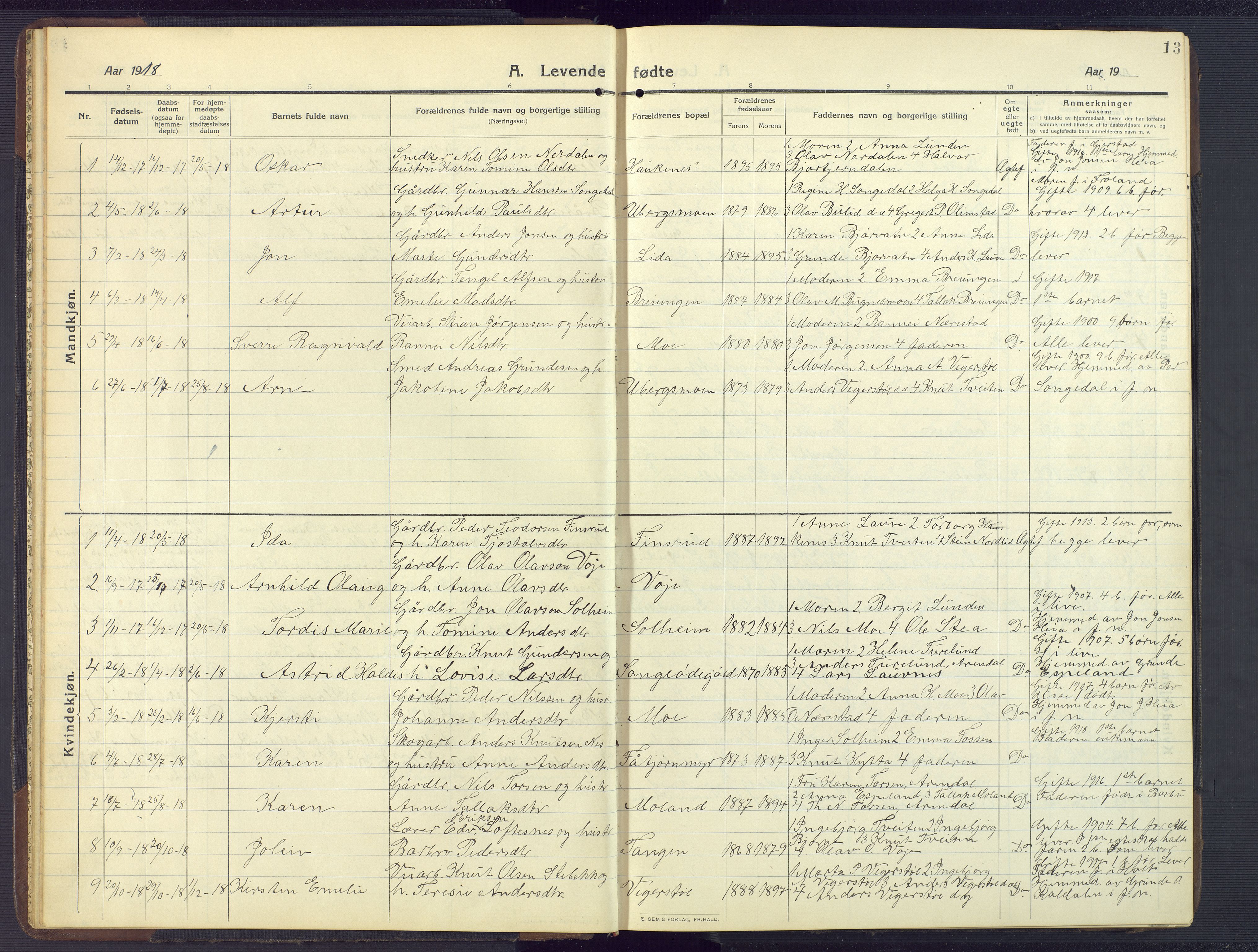 Gjerstad sokneprestkontor, SAK/1111-0014/F/Fb/Fbb/L0005: Parish register (copy) no. B 5, 1911-1949, p. 13