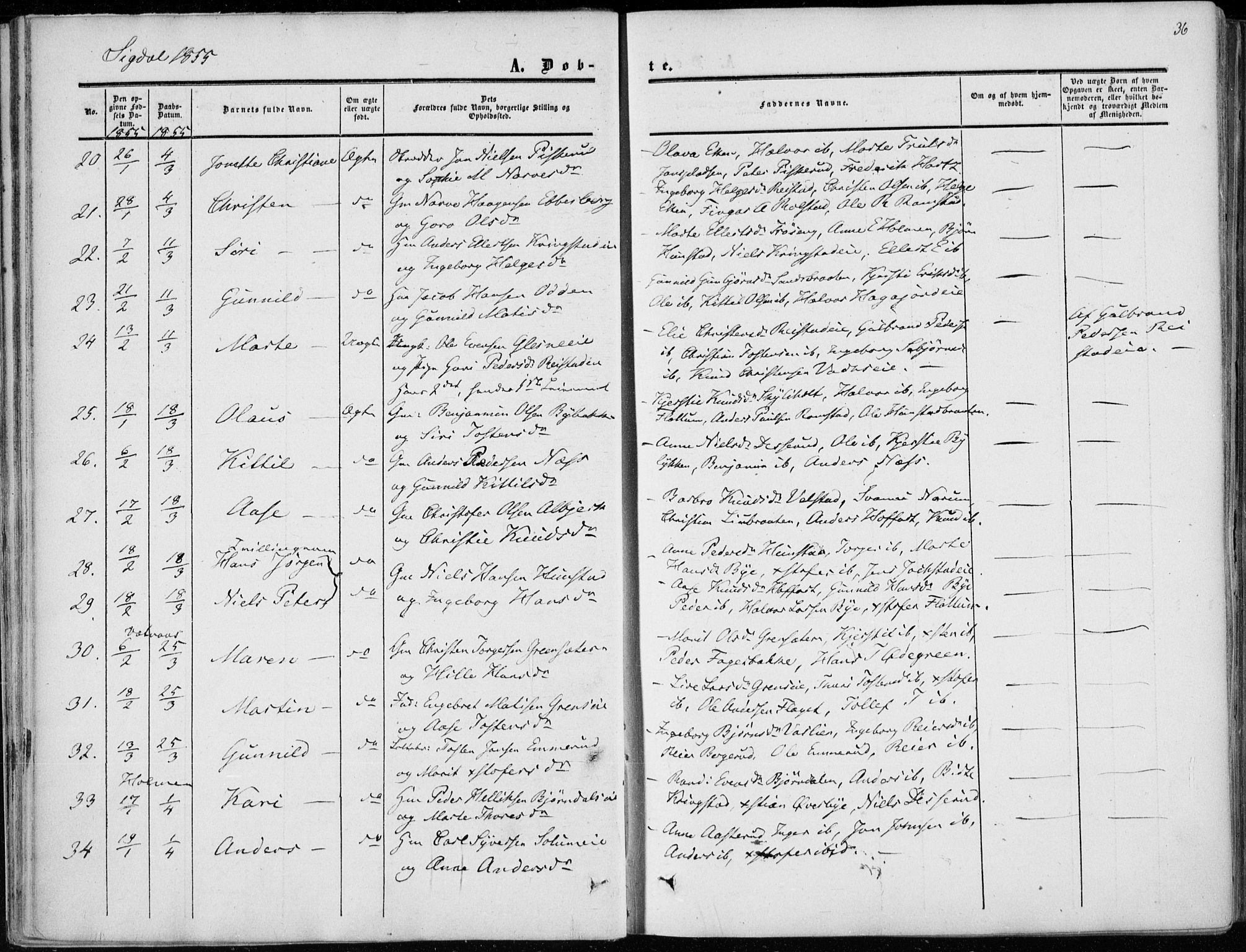 Sigdal kirkebøker, AV/SAKO-A-245/F/Fa/L0008: Parish register (official) no. I 8, 1850-1859, p. 36