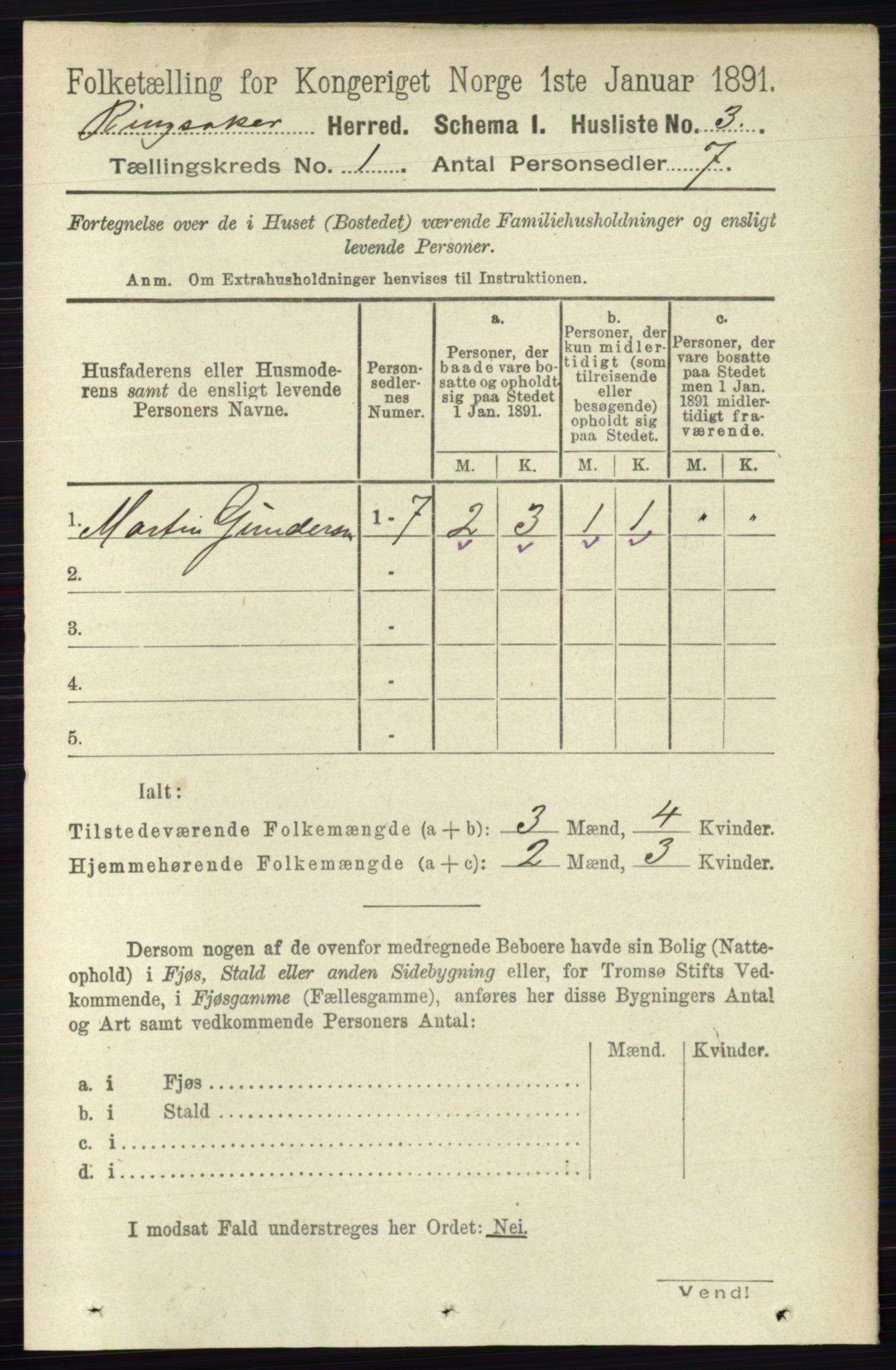 RA, 1891 census for 0412 Ringsaker, 1891, p. 69