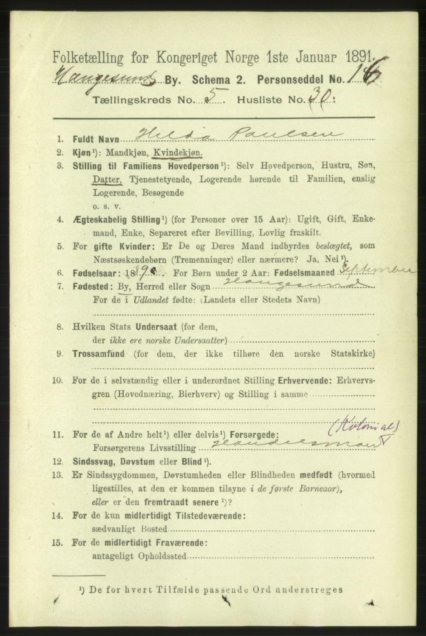 RA, 1891 census for 1106 Haugesund, 1891, p. 2548