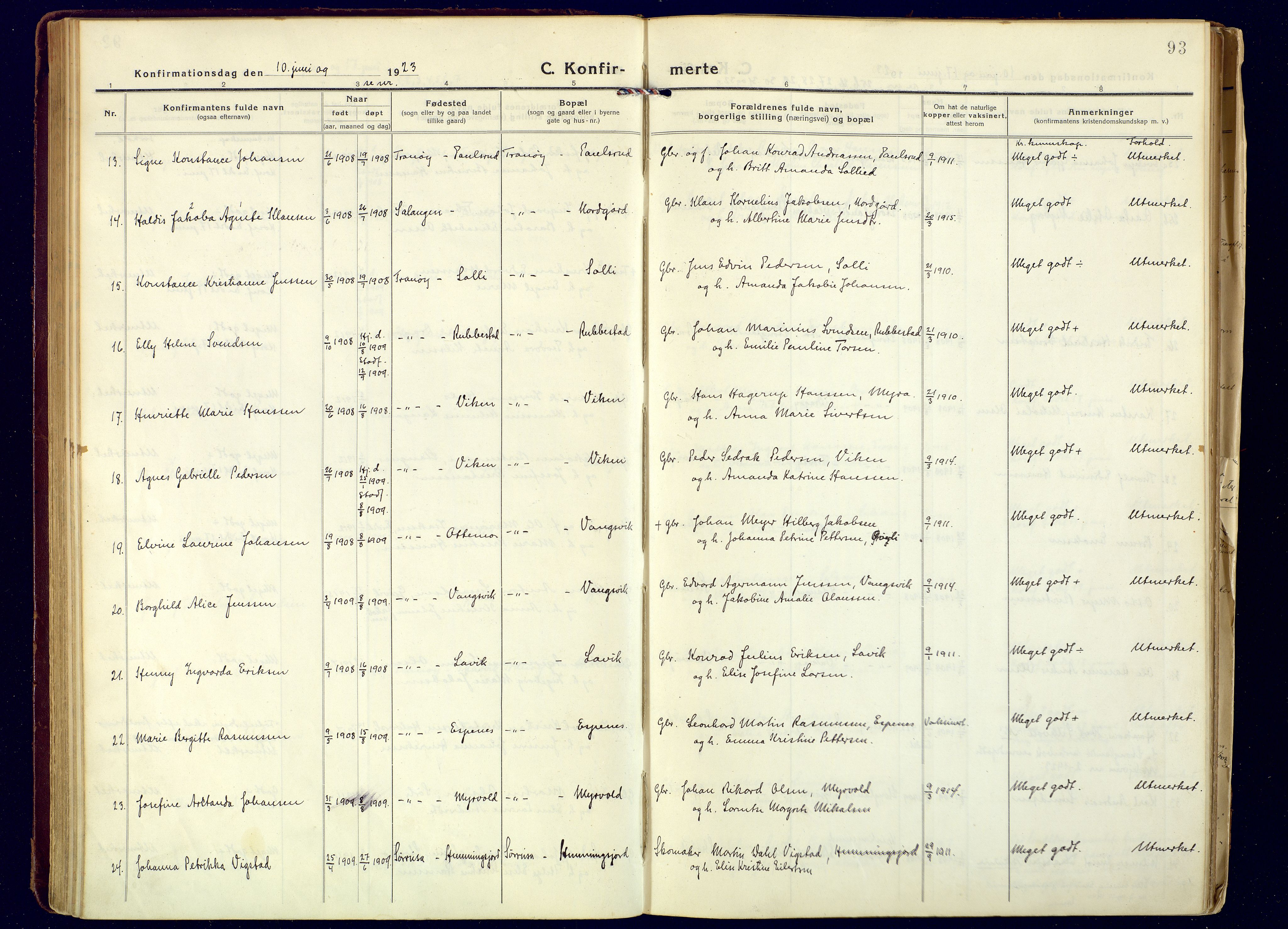 Tranøy sokneprestkontor, AV/SATØ-S-1313/I/Ia/Iaa/L0016kirke: Parish register (official) no. 16, 1919-1932, p. 93