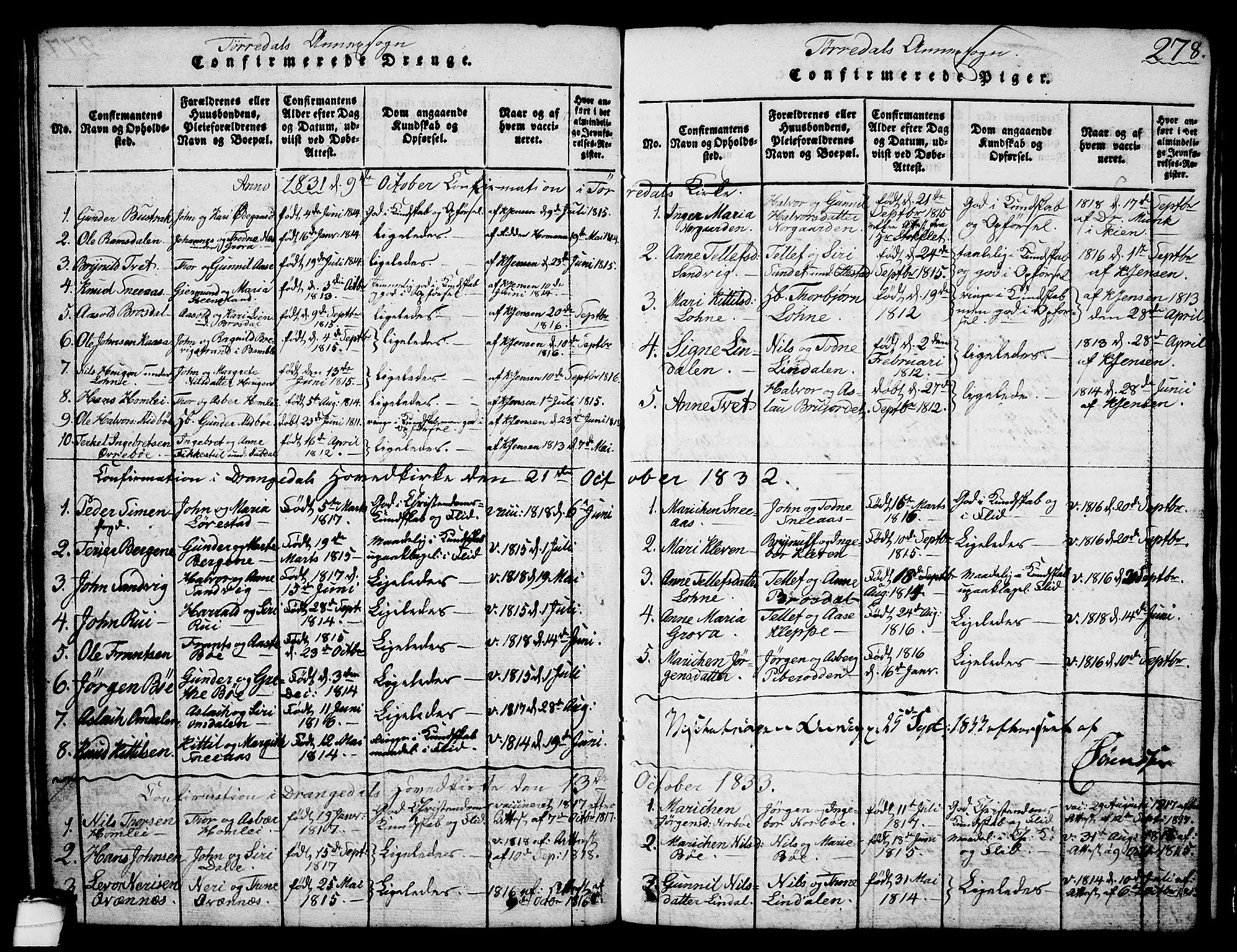 Drangedal kirkebøker, SAKO/A-258/G/Ga/L0001: Parish register (copy) no. I 1 /2, 1814-1856, p. 278