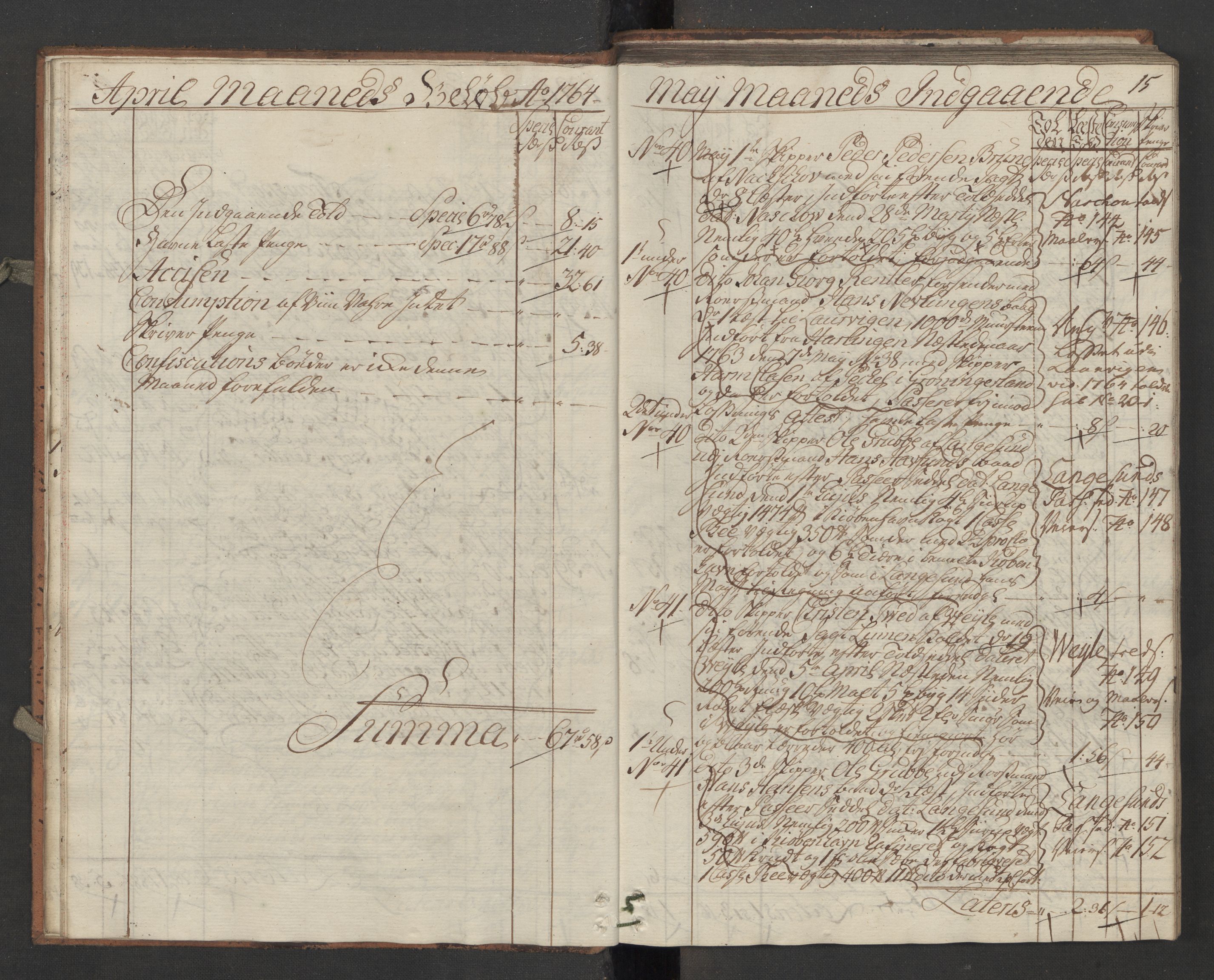 Generaltollkammeret, tollregnskaper, RA/EA-5490/R13/L0036/0001: Tollregnskaper Kragerø / Inngående hovedtollbok, 1764, p. 14b-15a