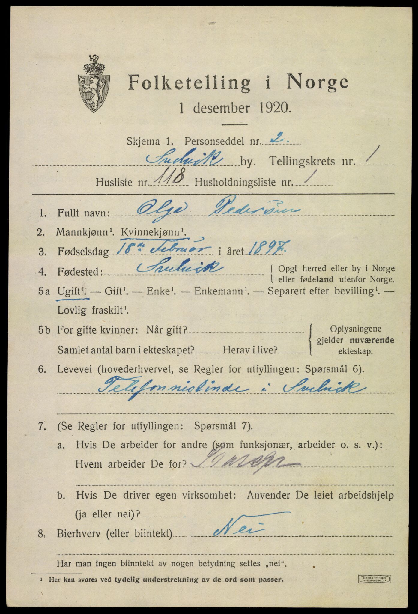 SAKO, 1920 census for Svelvik, 1920, p. 3583