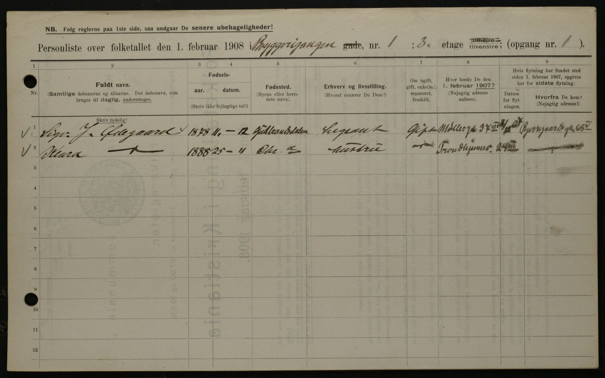 OBA, Municipal Census 1908 for Kristiania, 1908, p. 9525