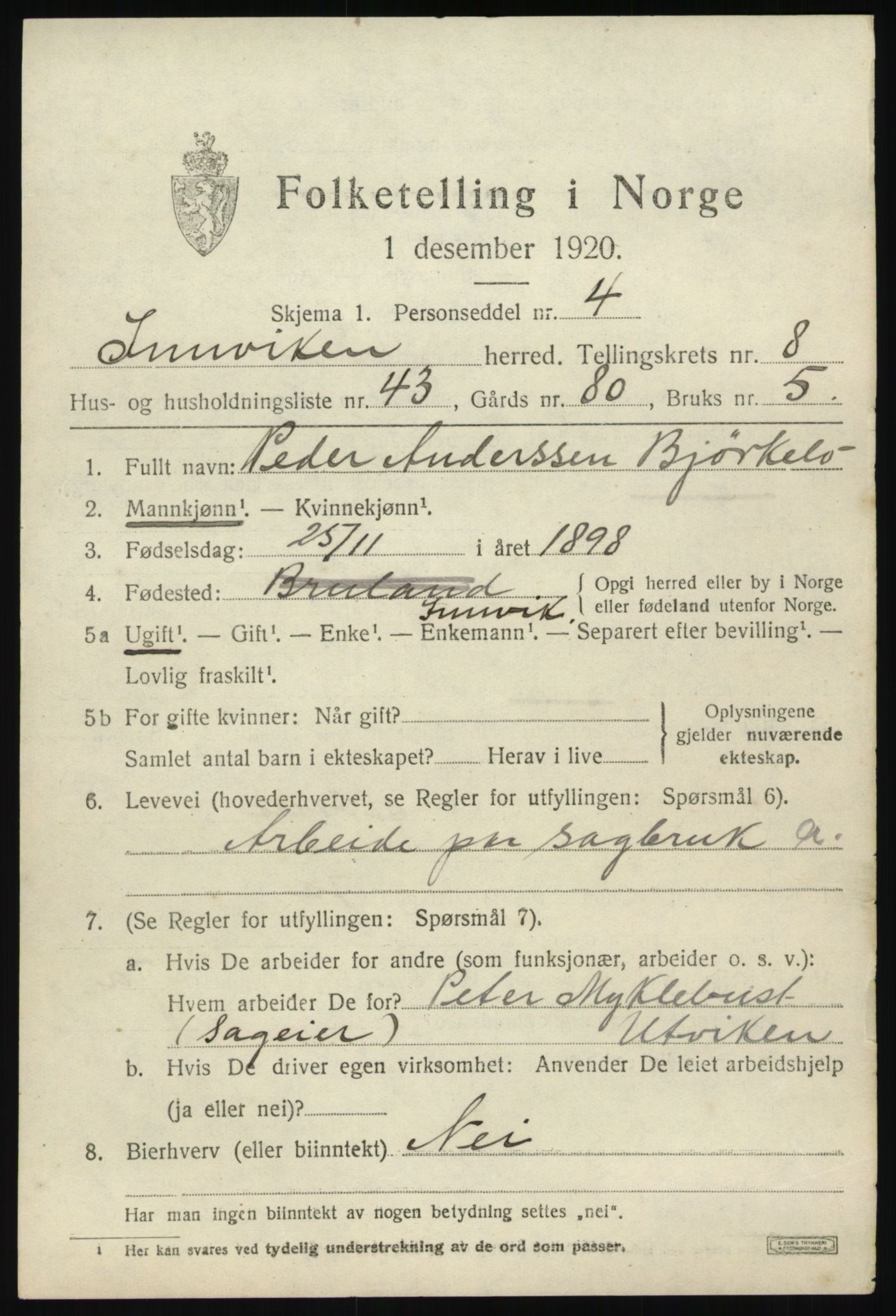 SAB, 1920 census for Innvik, 1920, p. 3897