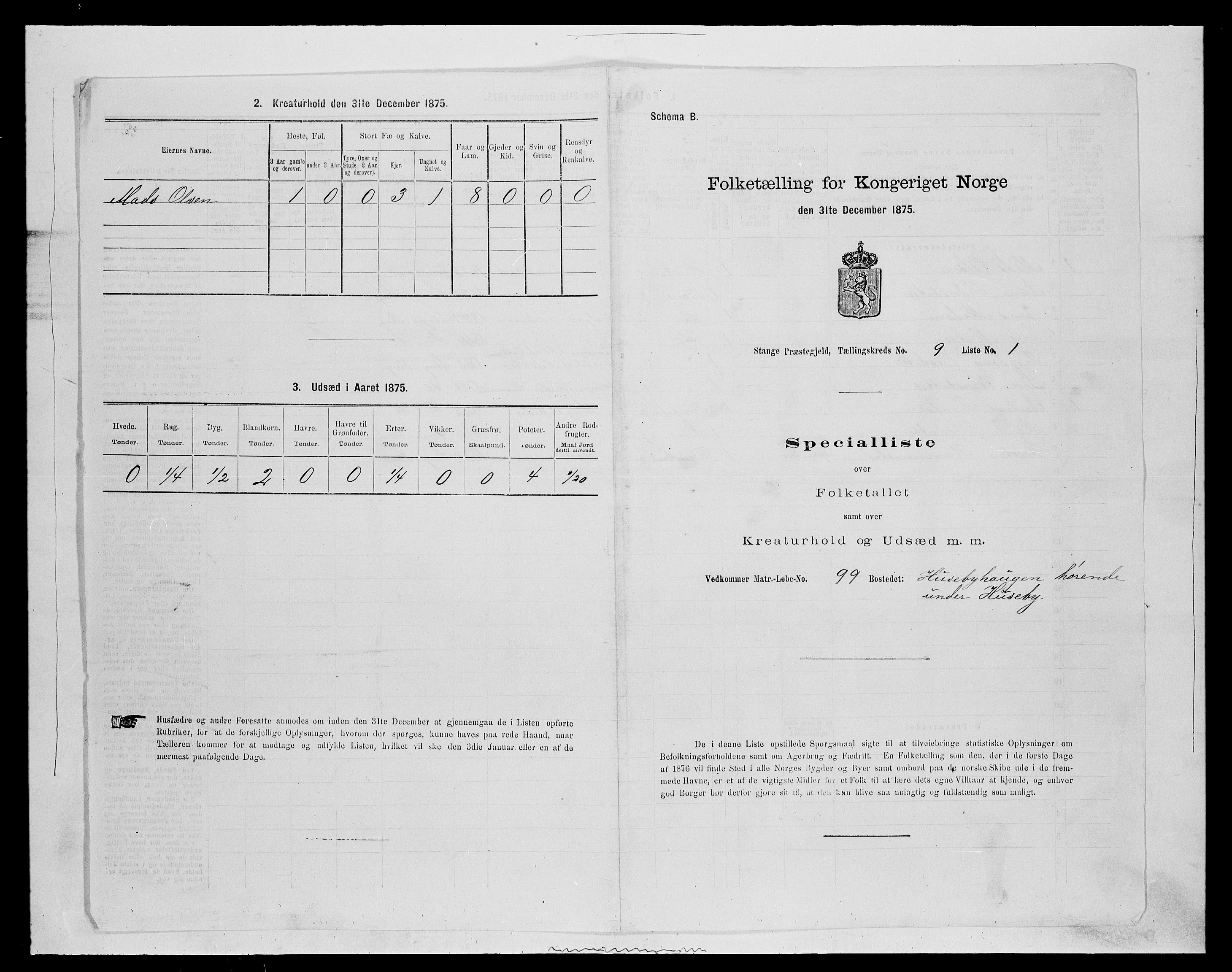 SAH, 1875 census for 0417P Stange, 1875, p. 1446