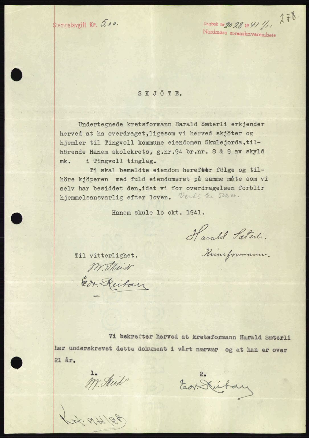 Nordmøre sorenskriveri, AV/SAT-A-4132/1/2/2Ca: Mortgage book no. A91, 1941-1942, Diary no: : 2027/1941