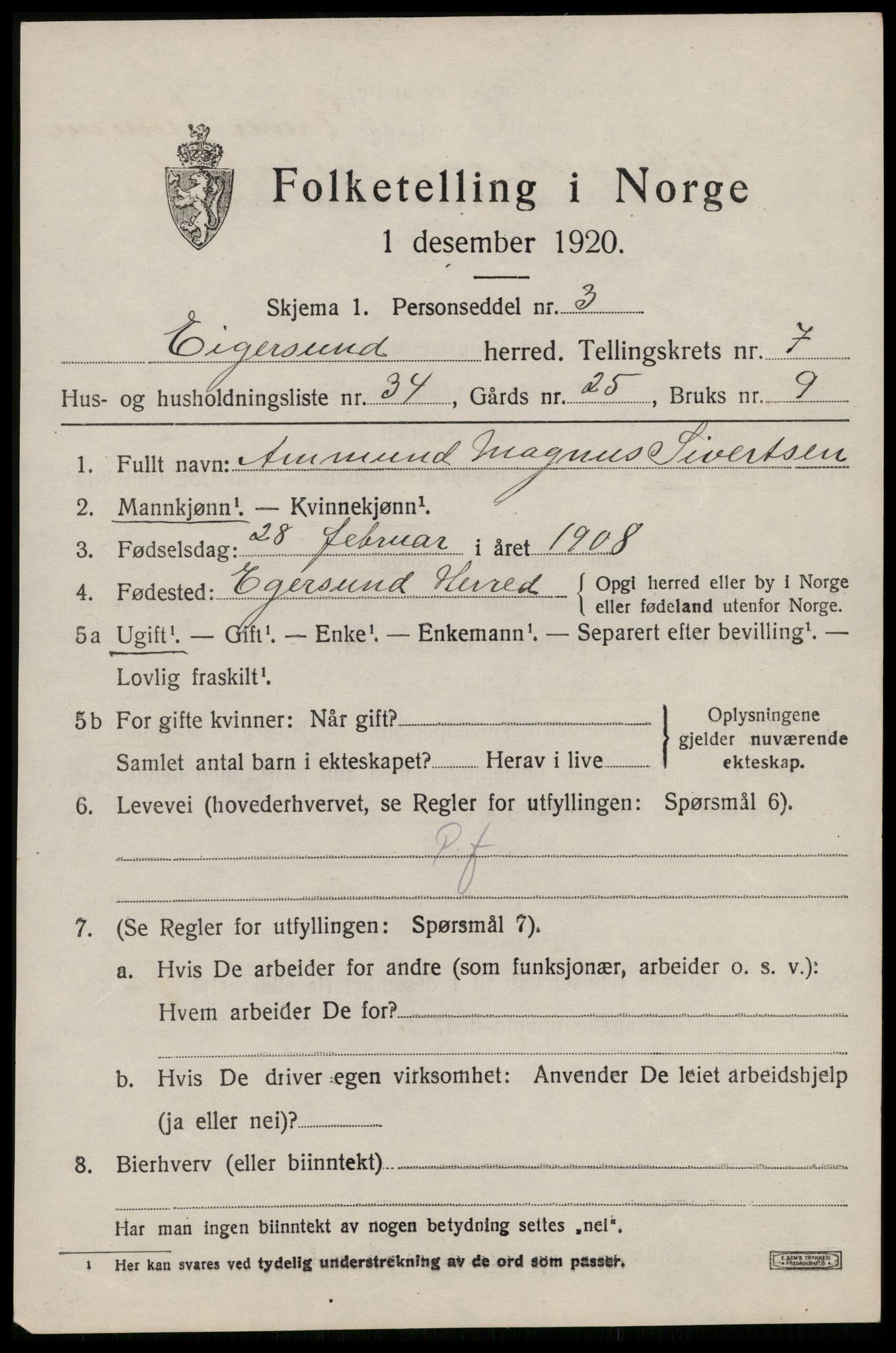 SAST, 1920 census for Eigersund, 1920, p. 5047