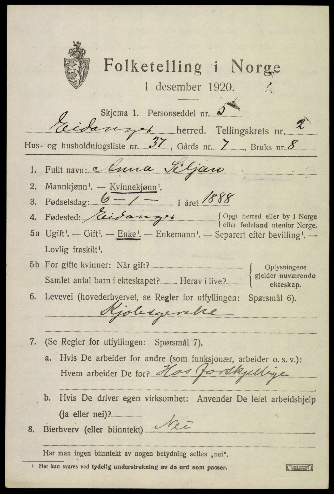 SAKO, 1920 census for Eidanger, 1920, p. 3356