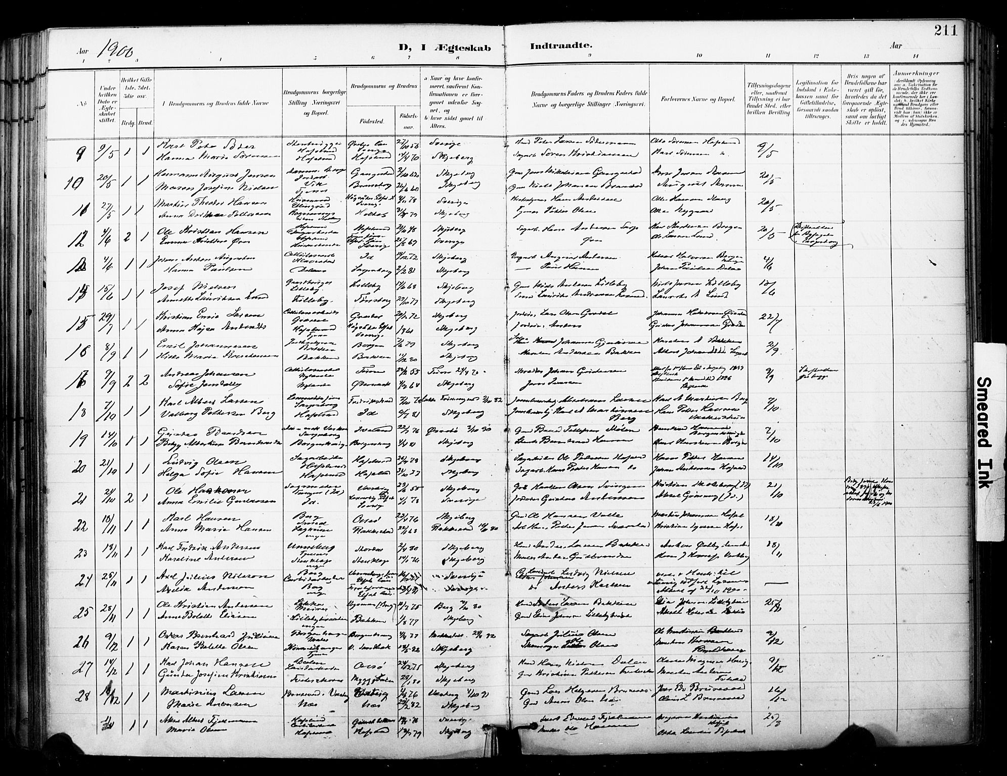 Skjeberg prestekontor Kirkebøker, SAO/A-10923/F/Fa/L0010: Parish register (official) no. I 10, 1898-1911, p. 211