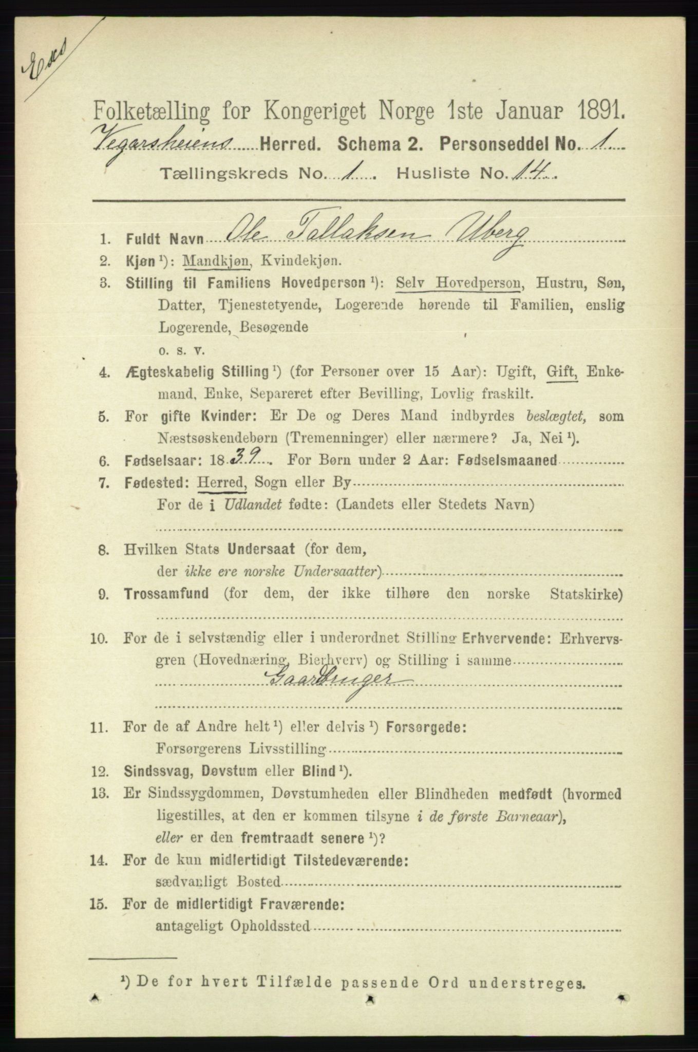 RA, Census 1891 for Nedenes amt: Gjenparter av personsedler for beslektede ektefeller, menn, 1891, p. 4