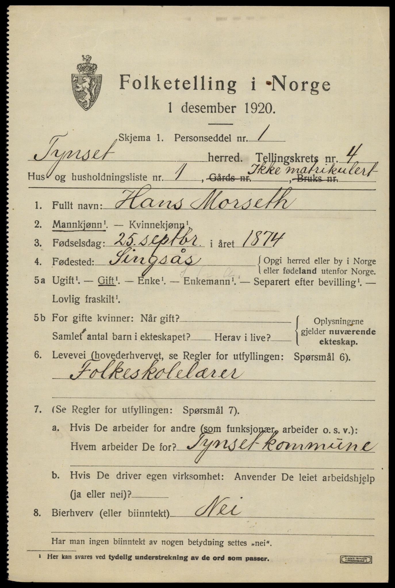 SAH, 1920 census for Tynset, 1920, p. 3176