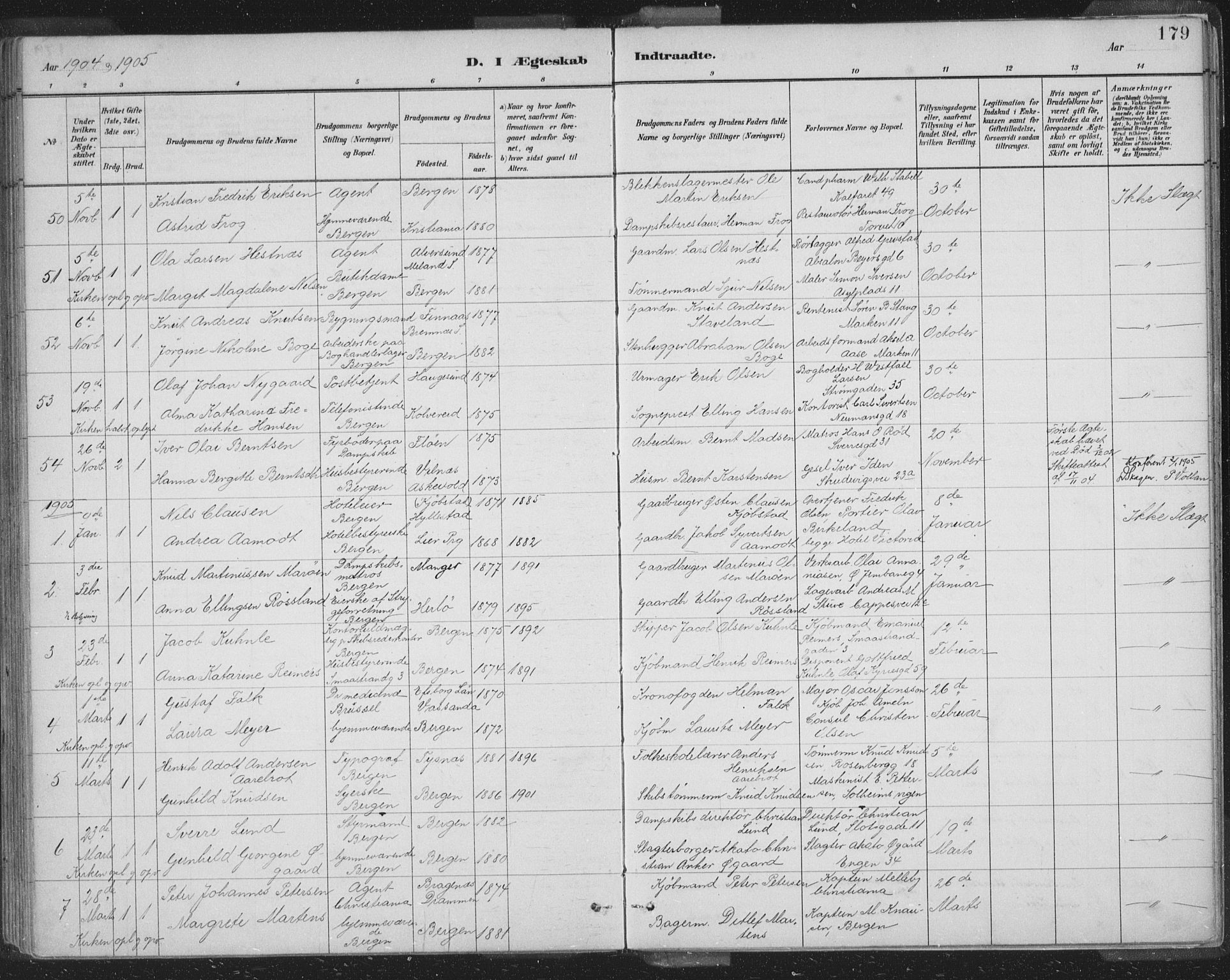 Domkirken sokneprestembete, SAB/A-74801/H/Hab/L0032: Parish register (copy) no. D 4, 1880-1907, p. 179