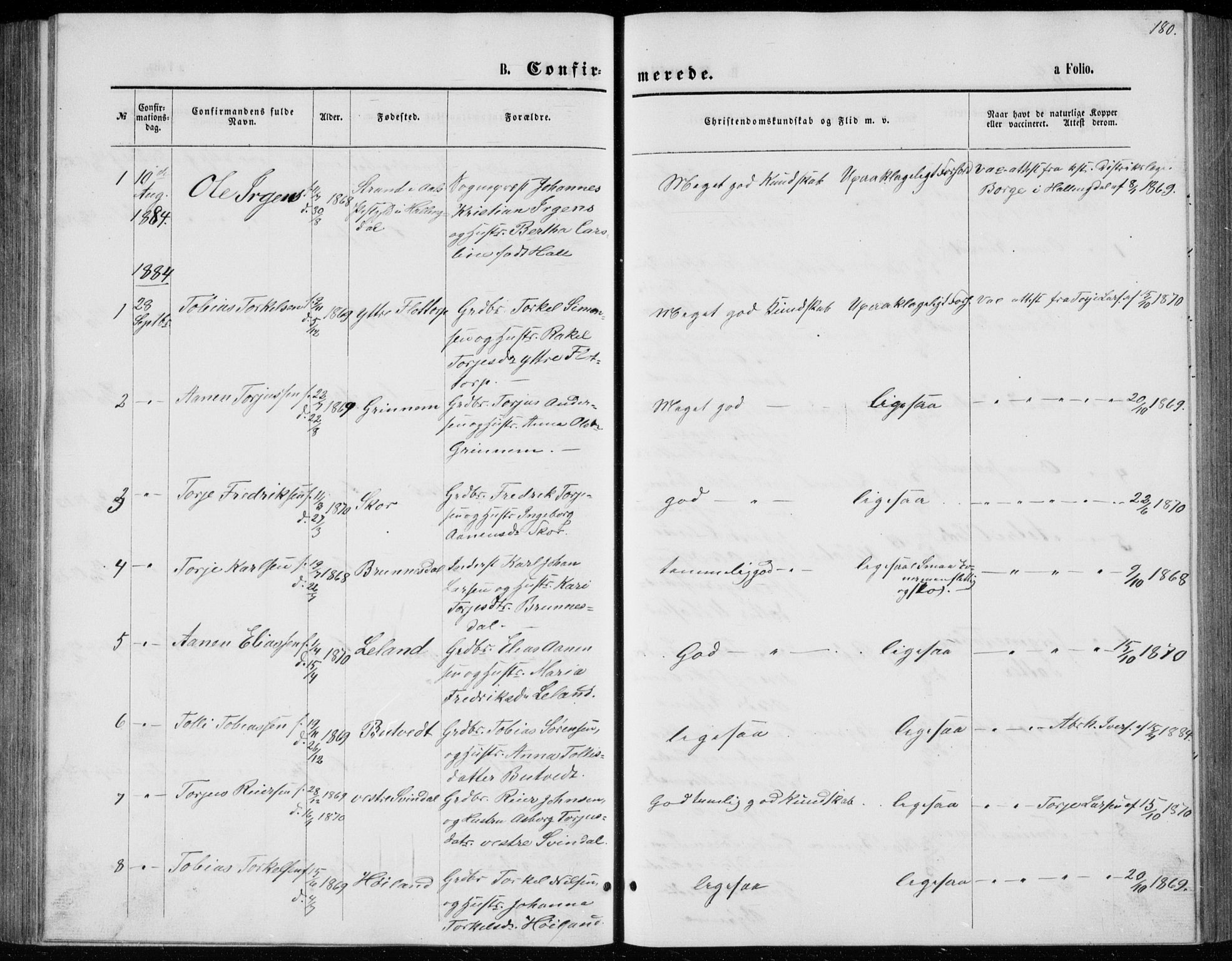 Bjelland sokneprestkontor, SAK/1111-0005/F/Fb/Fbc/L0002: Parish register (copy) no. B 2, 1867-1887, p. 180