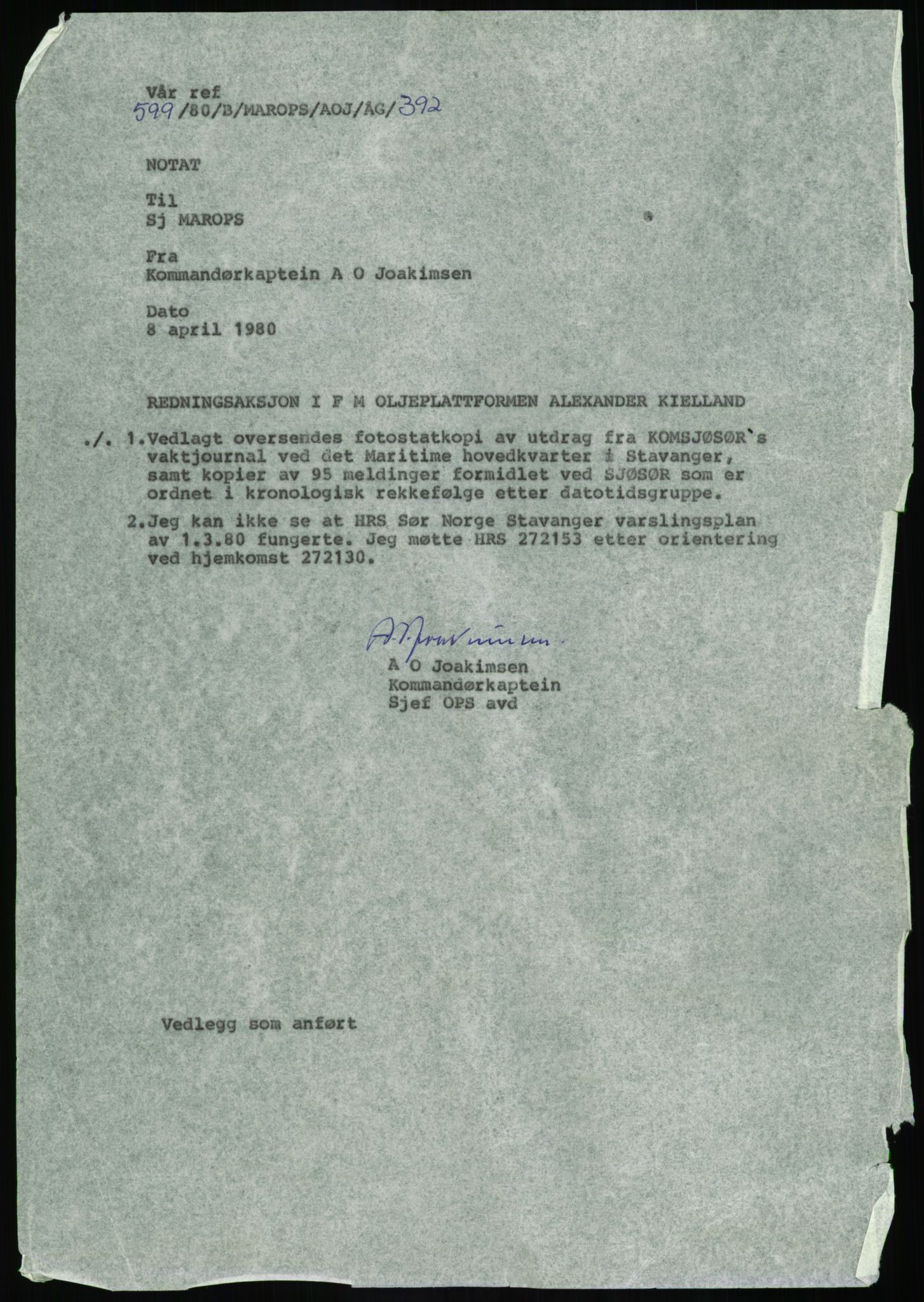 Justisdepartementet, Granskningskommisjonen ved Alexander Kielland-ulykken 27.3.1980, RA/S-1165/D/L0017: P Hjelpefartøy (Doku.liste + P1-P6 av 6)/Q Hovedredningssentralen (Q0-Q27 av 27), 1980-1981, p. 247