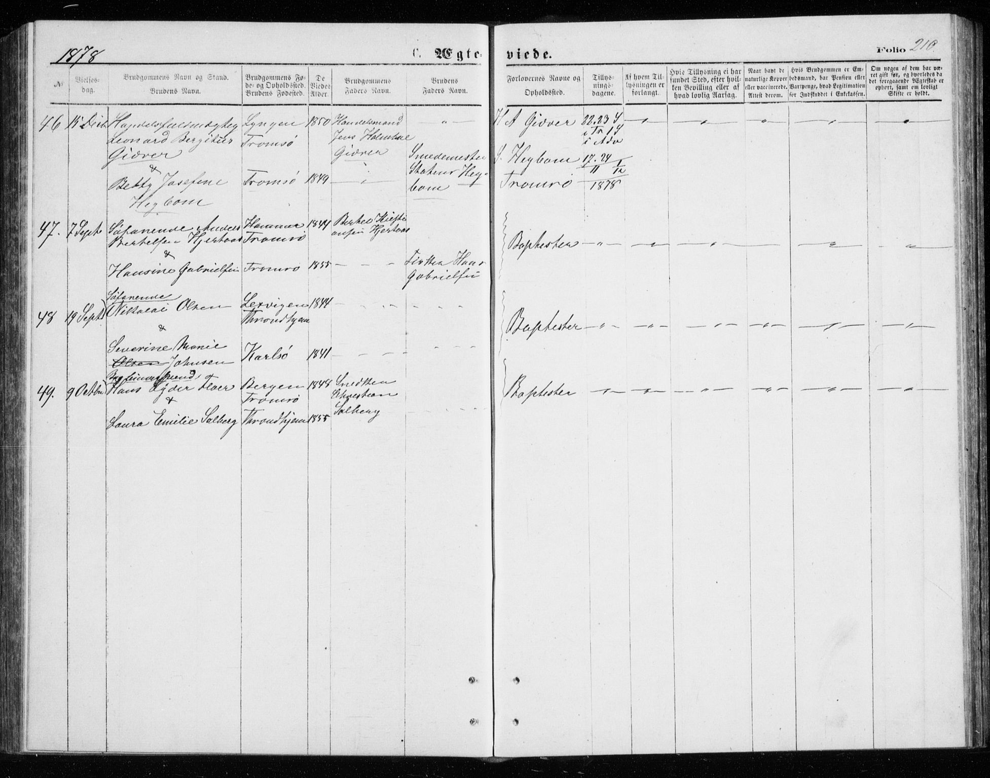 Tromsø sokneprestkontor/stiftsprosti/domprosti, AV/SATØ-S-1343/G/Gb/L0008klokker: Parish register (copy) no. 8, 1875-1879, p. 210