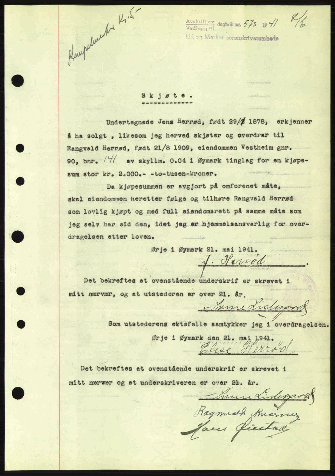 Idd og Marker sorenskriveri, AV/SAO-A-10283/G/Gb/Gbb/L0004: Mortgage book no. A4, 1940-1941, Diary no: : 573/1941