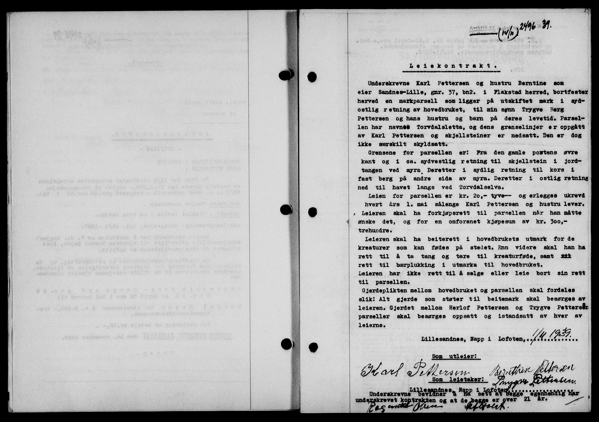 Lofoten sorenskriveri, SAT/A-0017/1/2/2C/L0006a: Mortgage book no. 6a, 1939-1939, Diary no: : 2496/1939